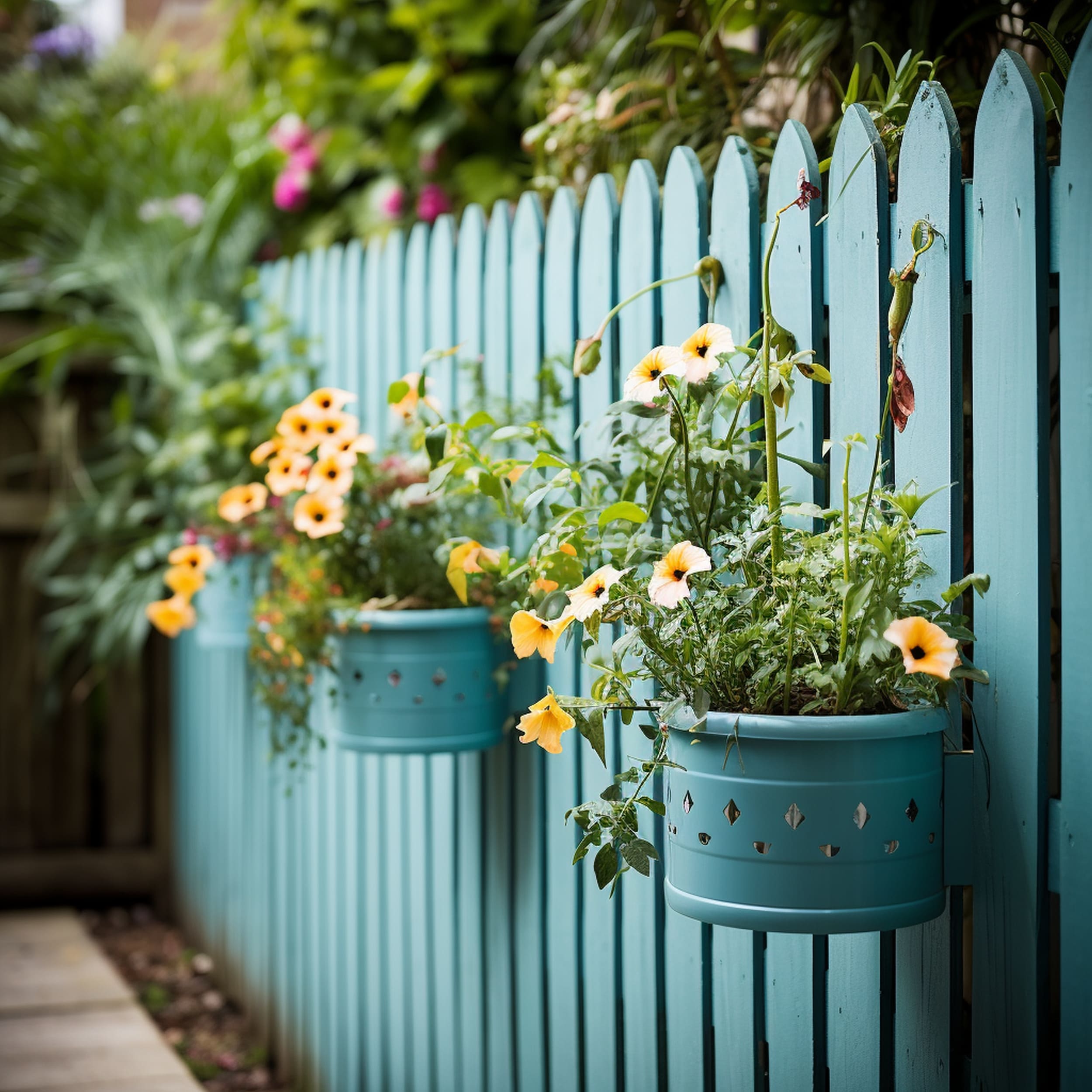 Blue Painted Fence Featuring Matching Fence Planters