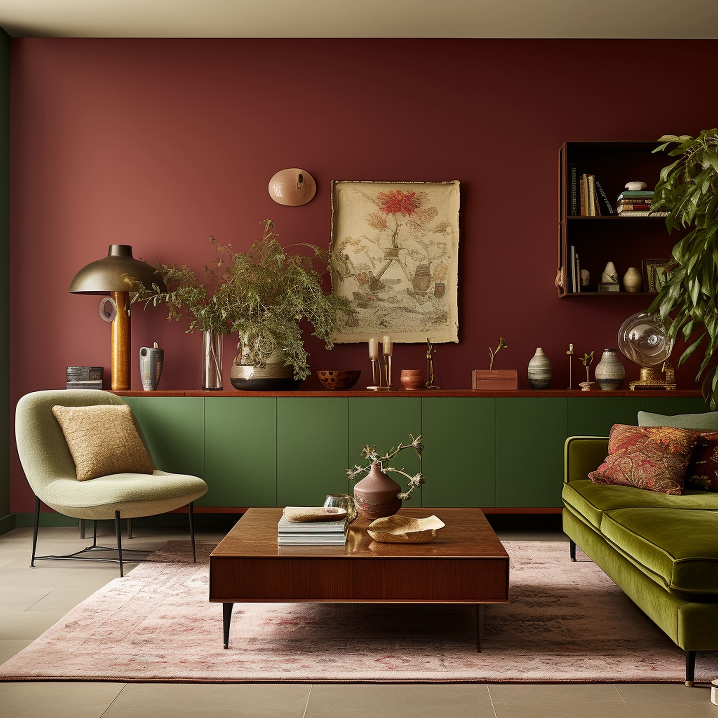 Burgundy Living Room With Green Sofa