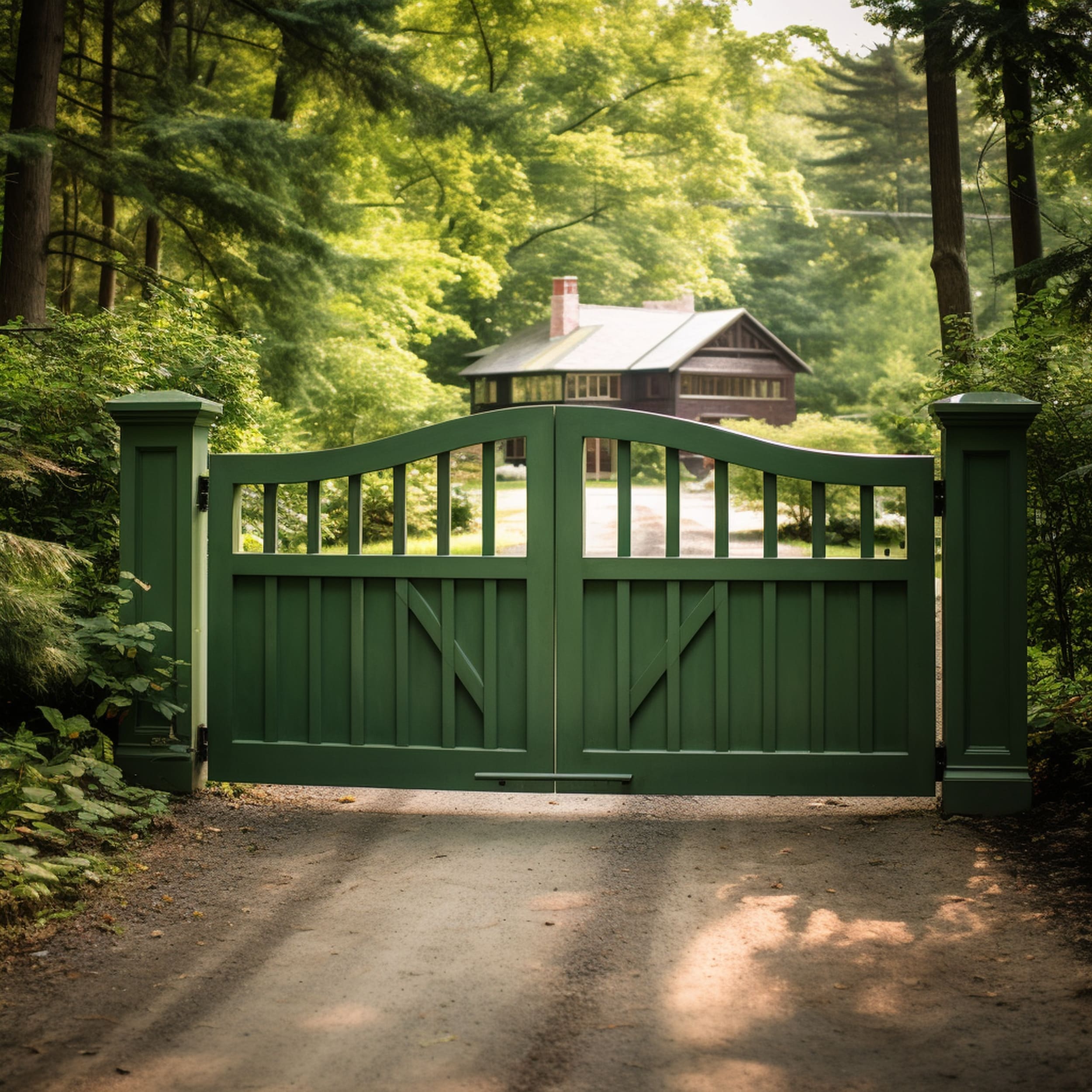 Driveway Gate Painted Green Surrounded by a Forest
