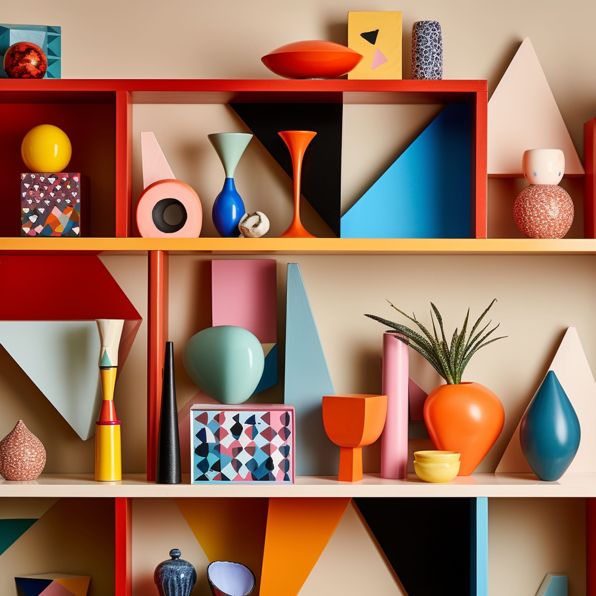 Multicolored Cubist Inspired Decorations on Open Shelves