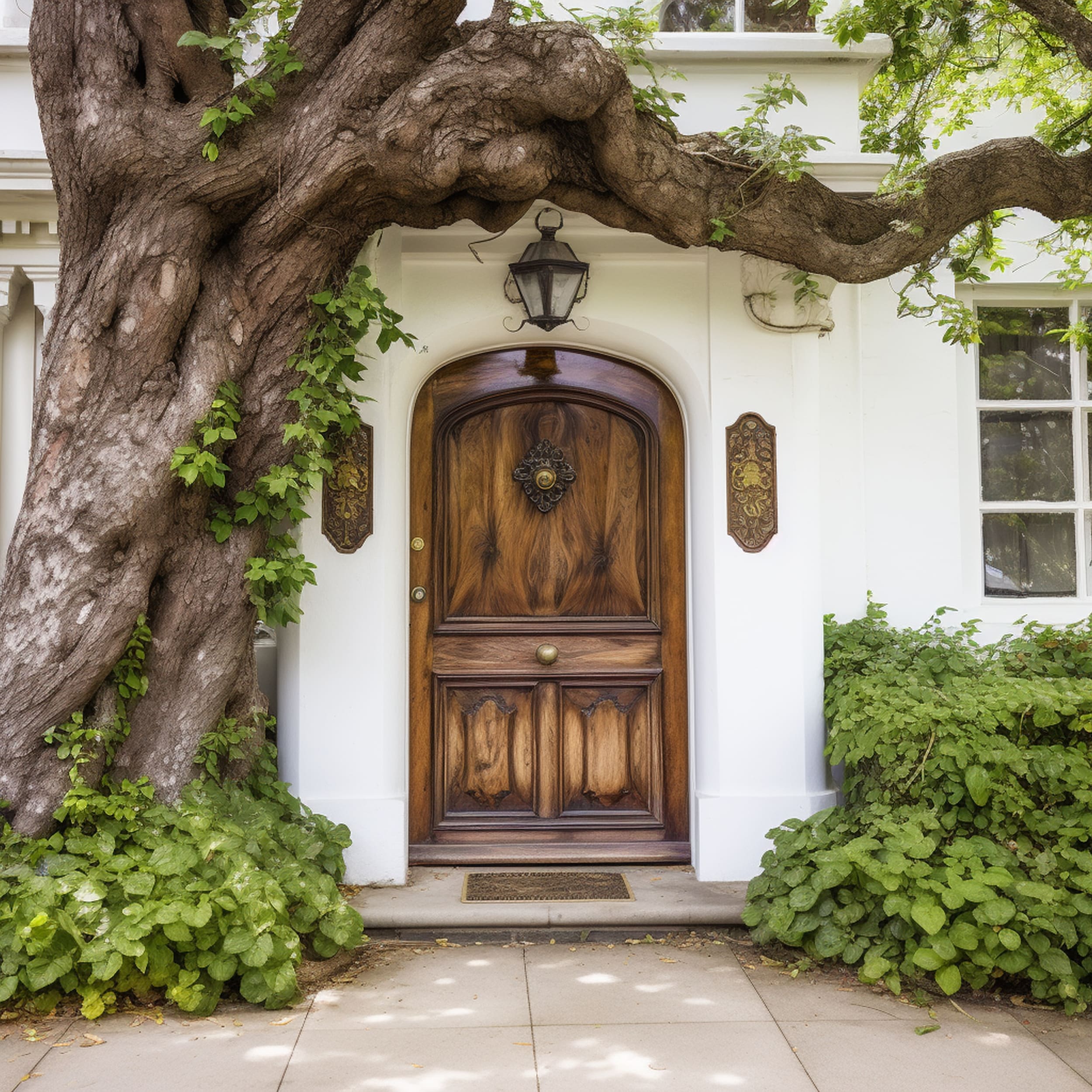 Natural Wood Front Door on a White House
