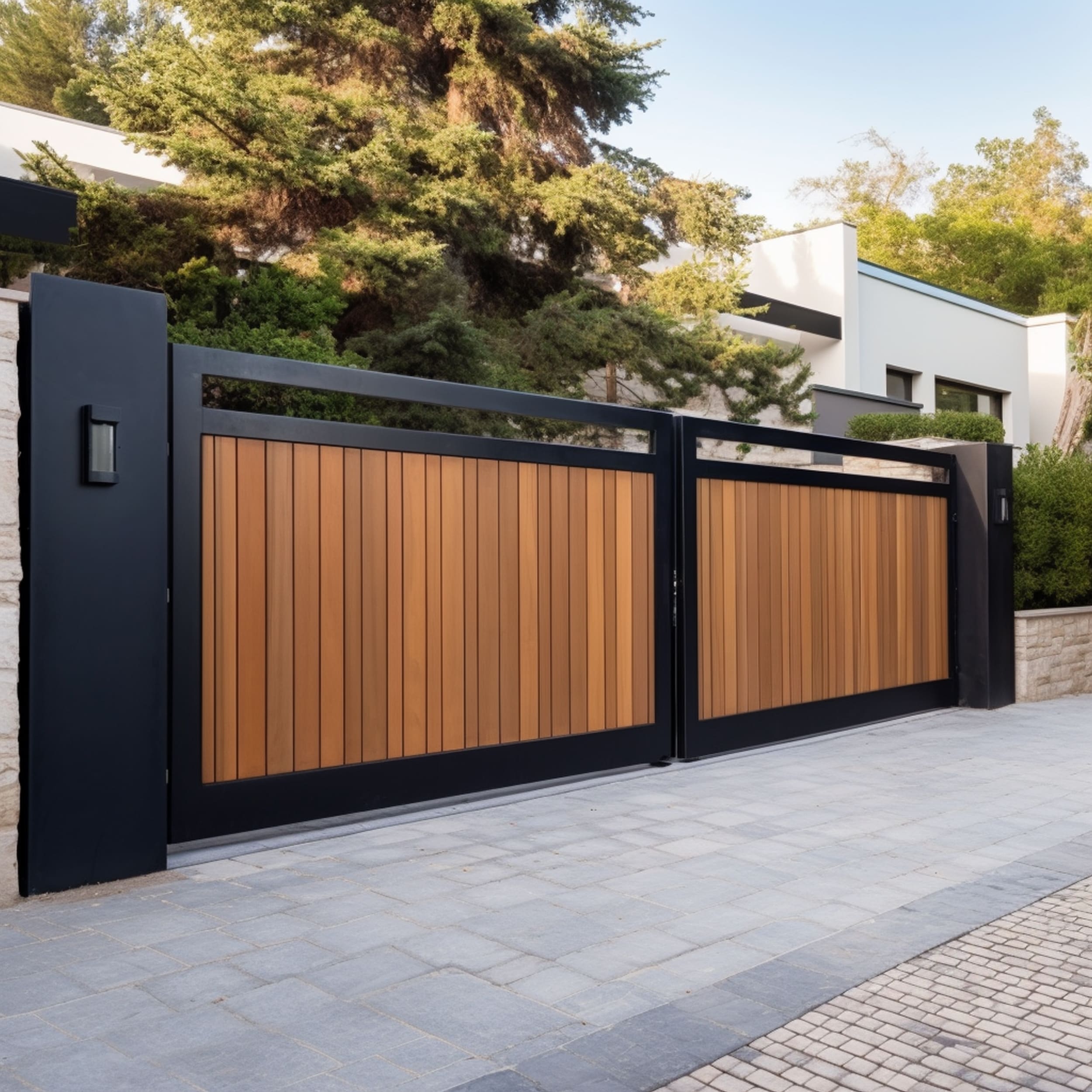 Driveway Gate With Modern Vertical Wood Panels