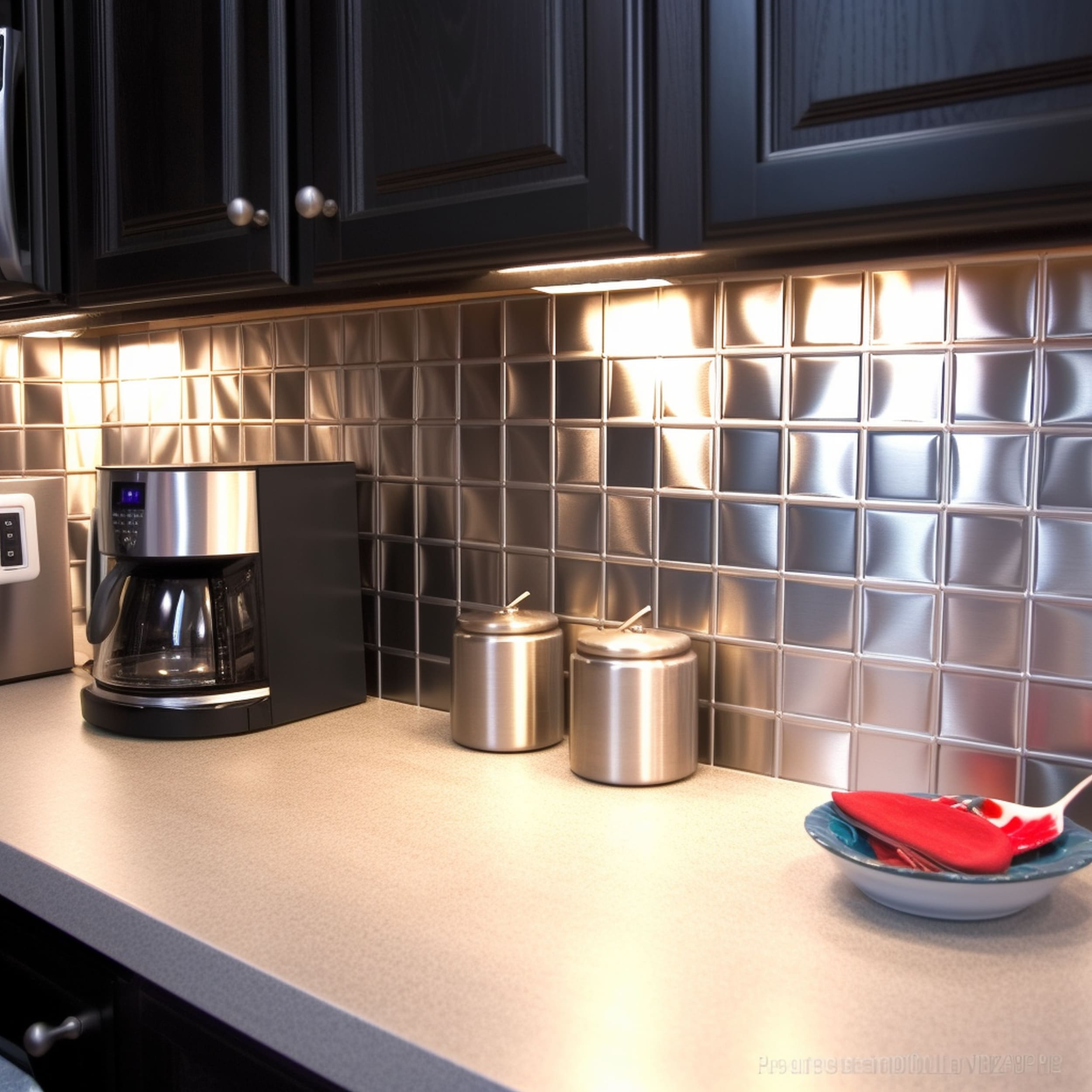 Modern Kitchen With Stainless Steel Square Tile Backsplash