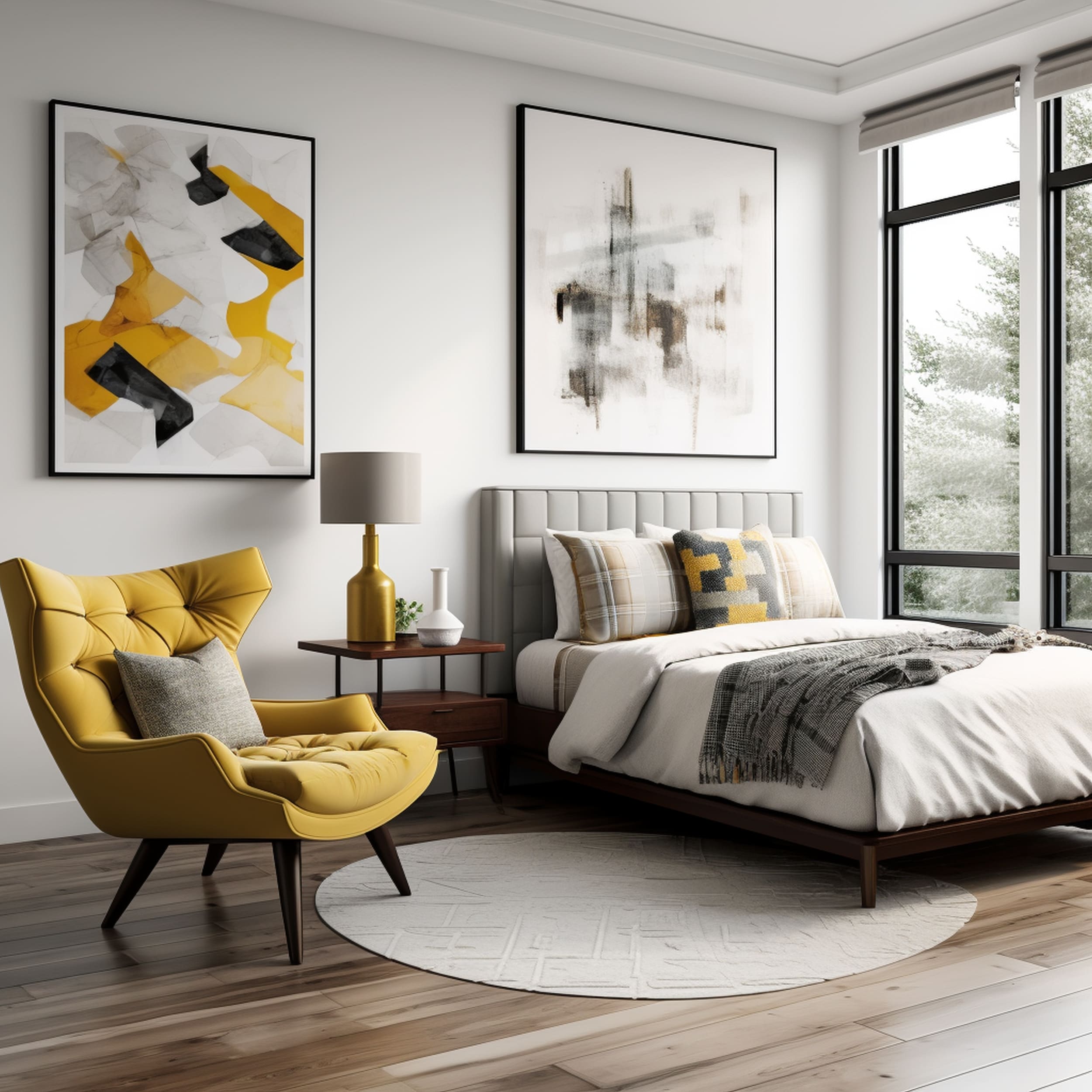 Neutral Toned Bedroom With Yellow Accent Chair