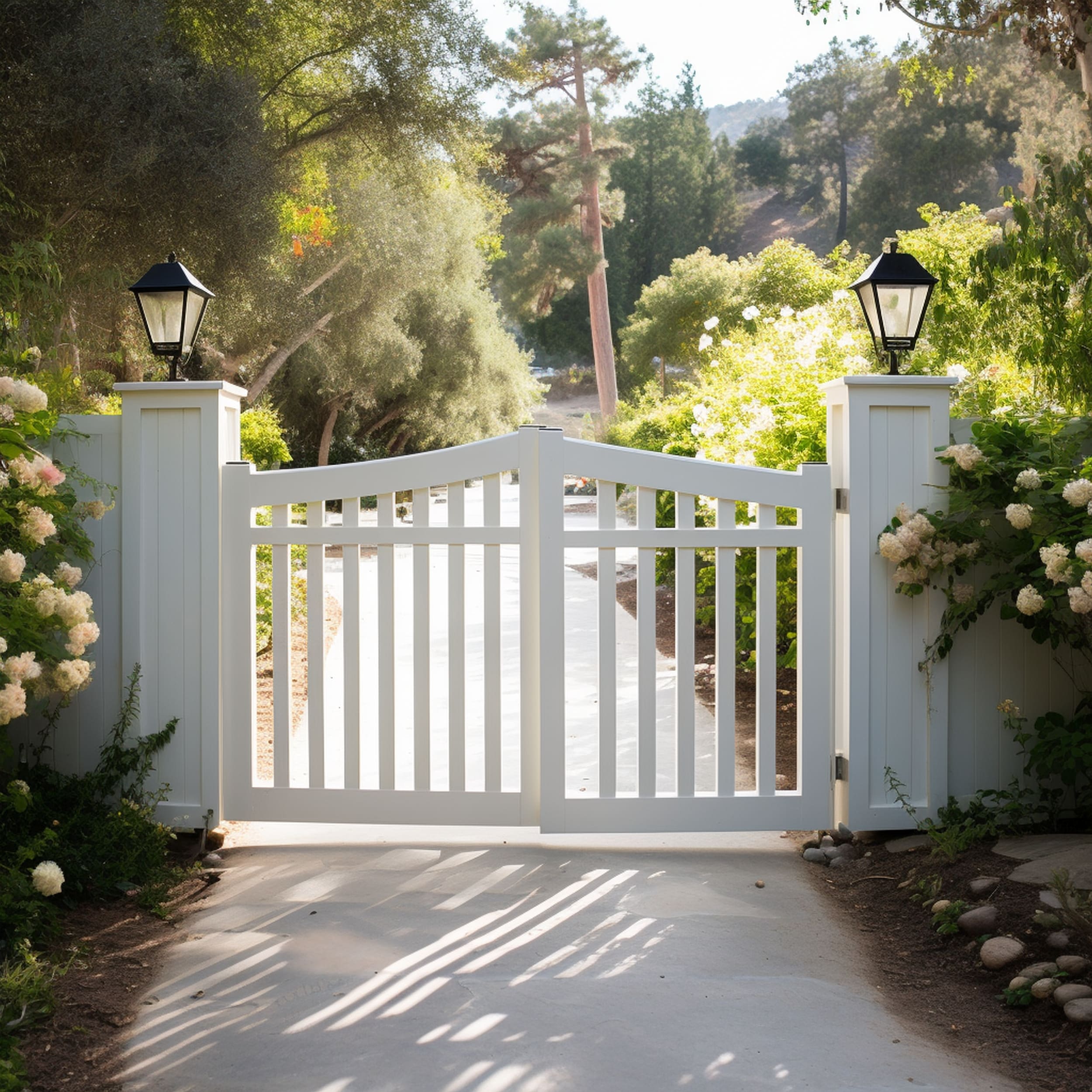 Driveway Gate With Classic White Painted Wood Slats