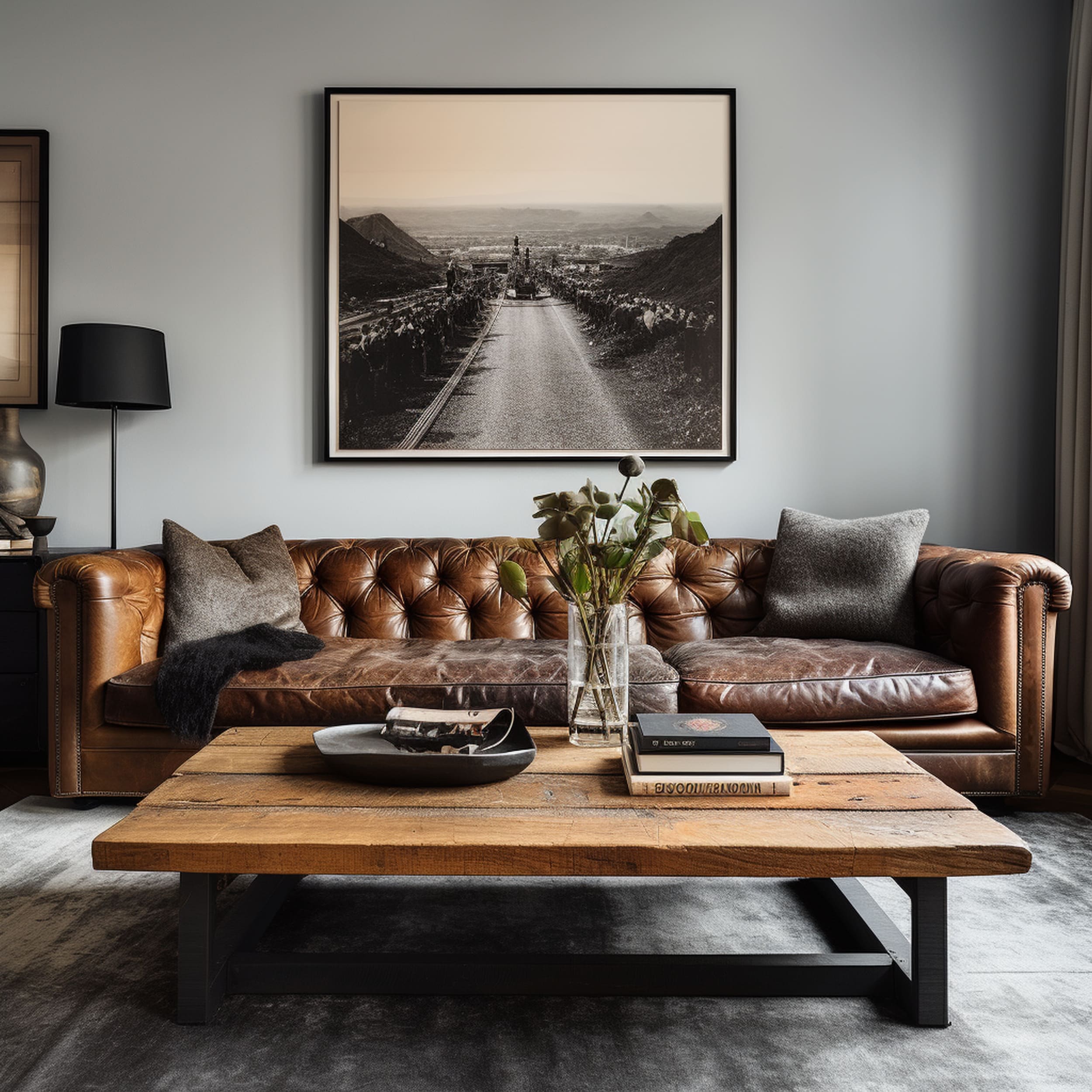 Gray Living Room With Vintage Leather Couch