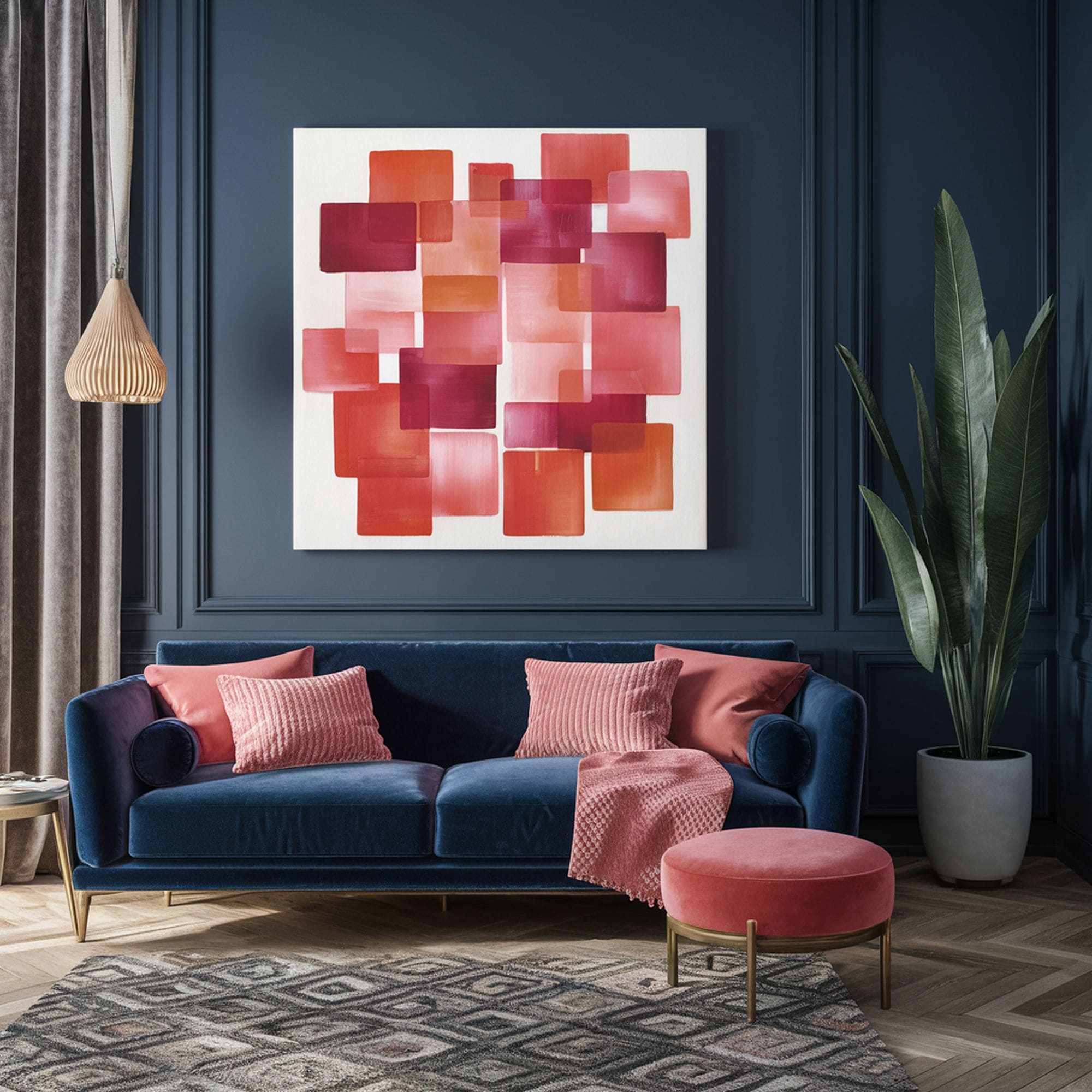 Coral Living Room With Geometric Rug