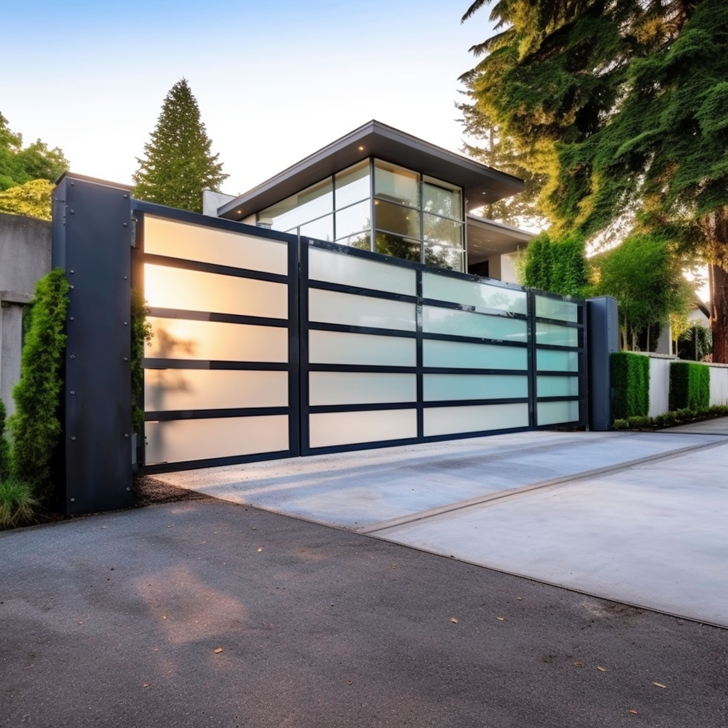 Modern Driveway Gate With Frosted Glass Panels