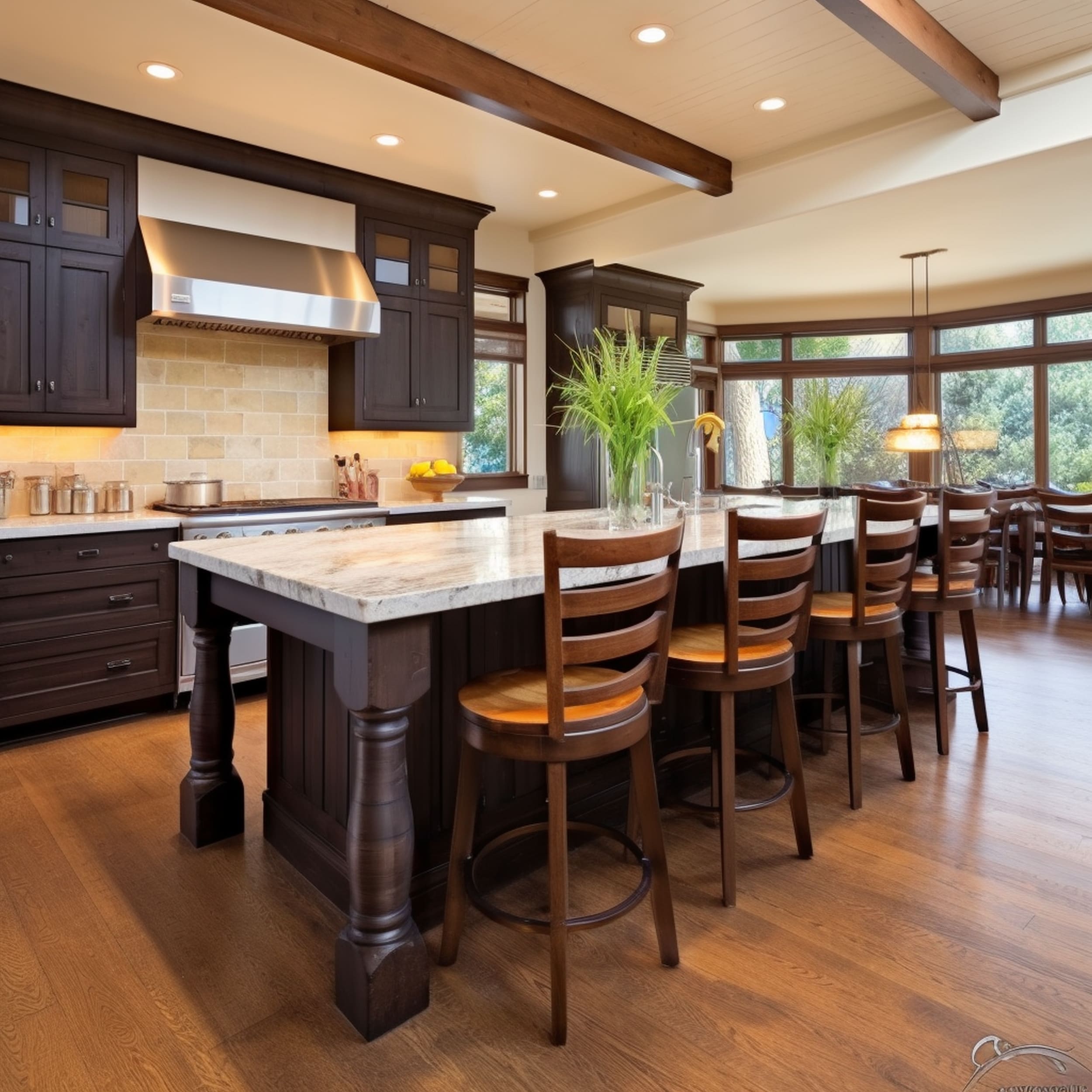 Traditional Kitchen With Ladder Back Bar Stools