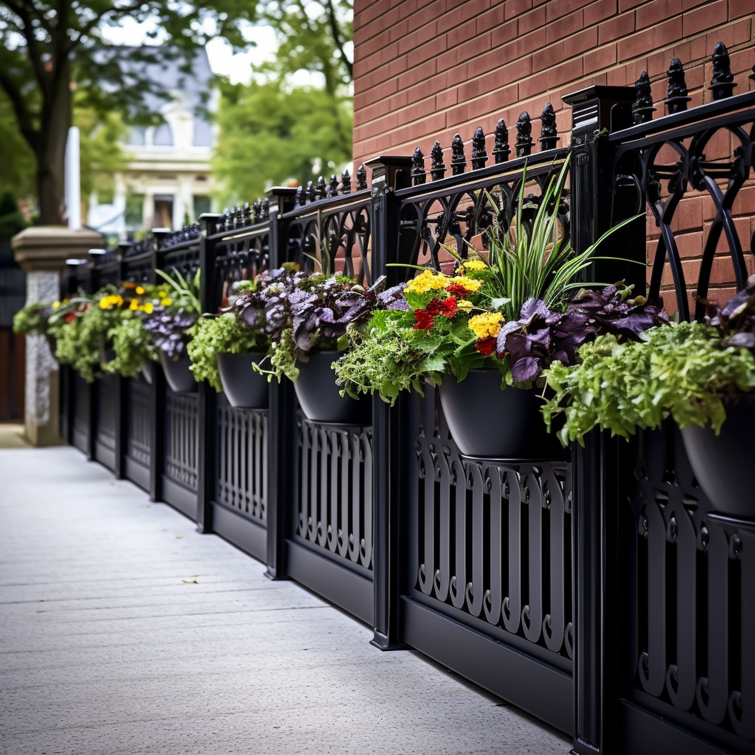 Formal Iron Fence With Matching Black Fence Planters