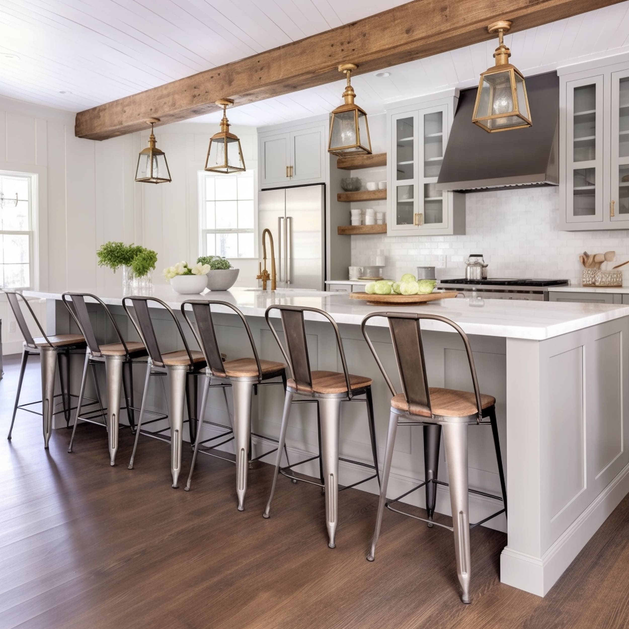Modern Farmhouse Kitchen With Metal Bistro Style Bar Stools