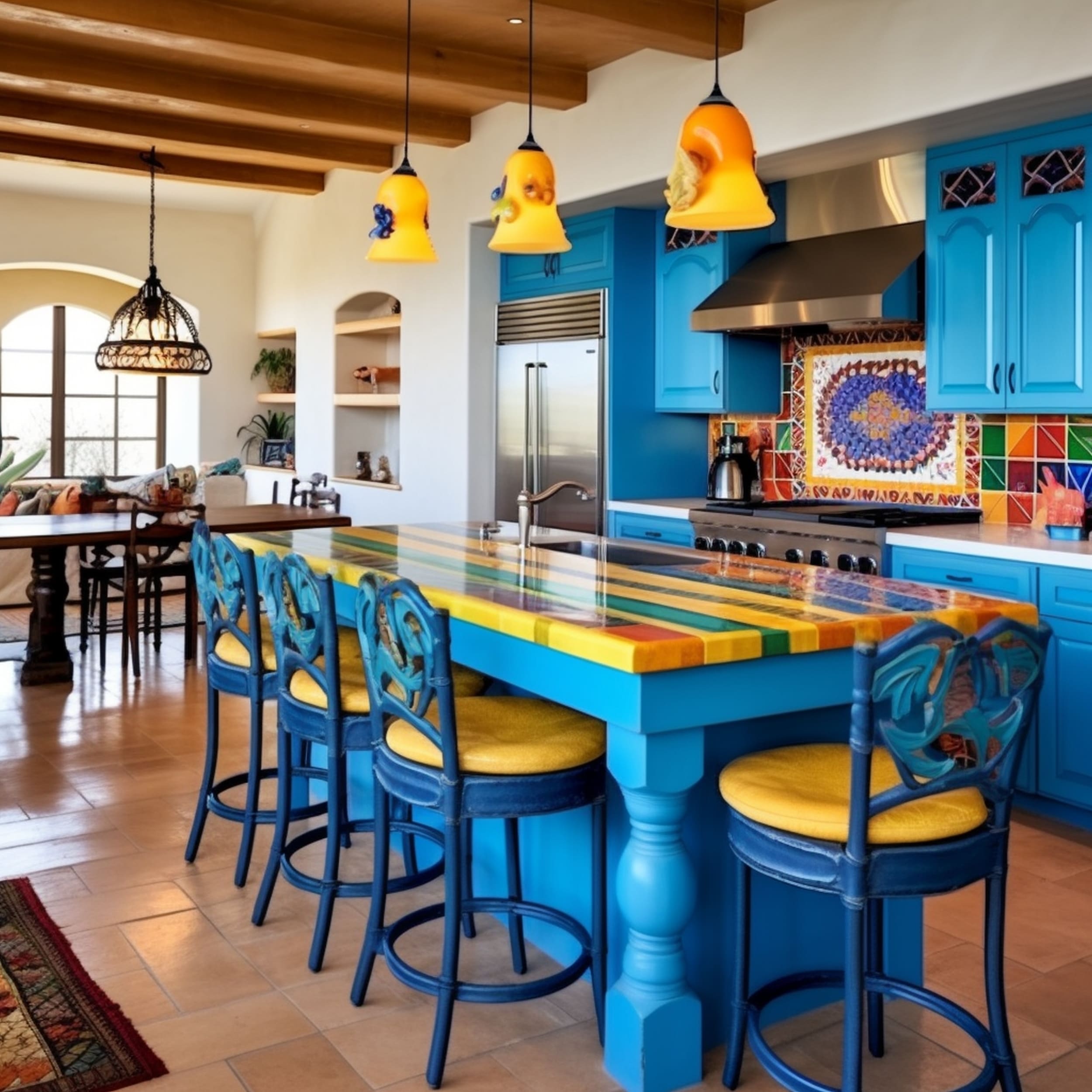 Mexican Inspired Kitchen With Vibrant Blue Cabinets and Chairs