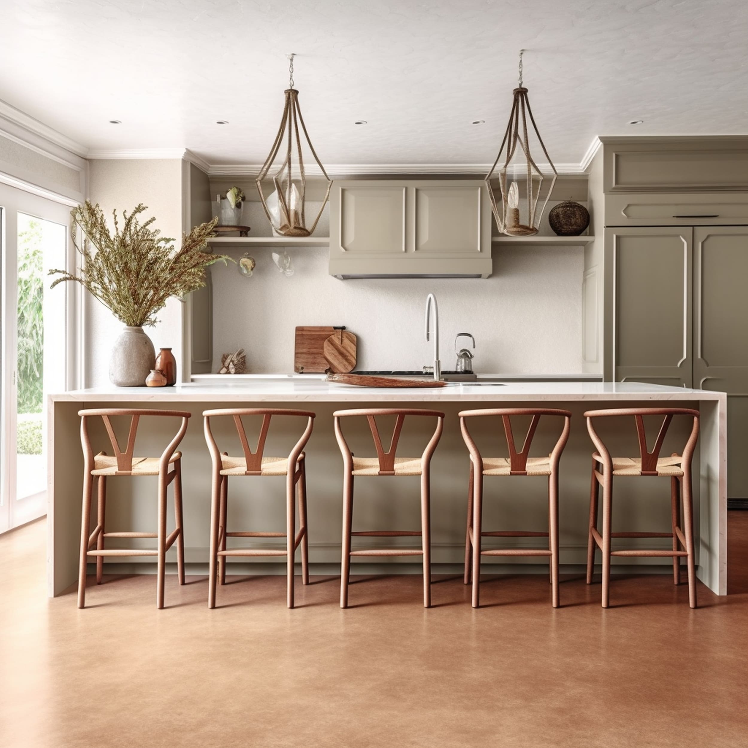 Modern Scandinavian Kitchen With Wishbone Bar Stools
