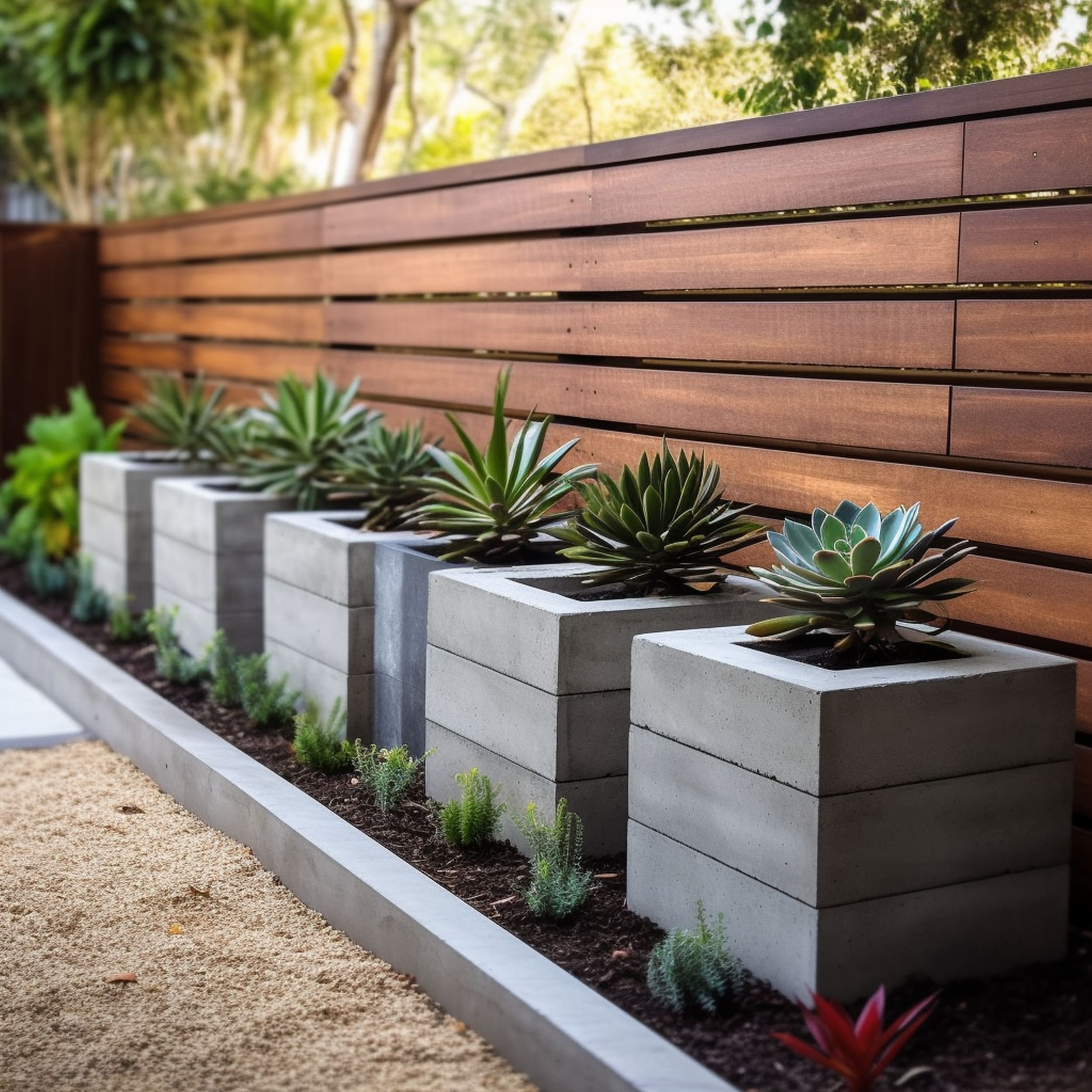 Concrete Box Fence Planters With Succulents