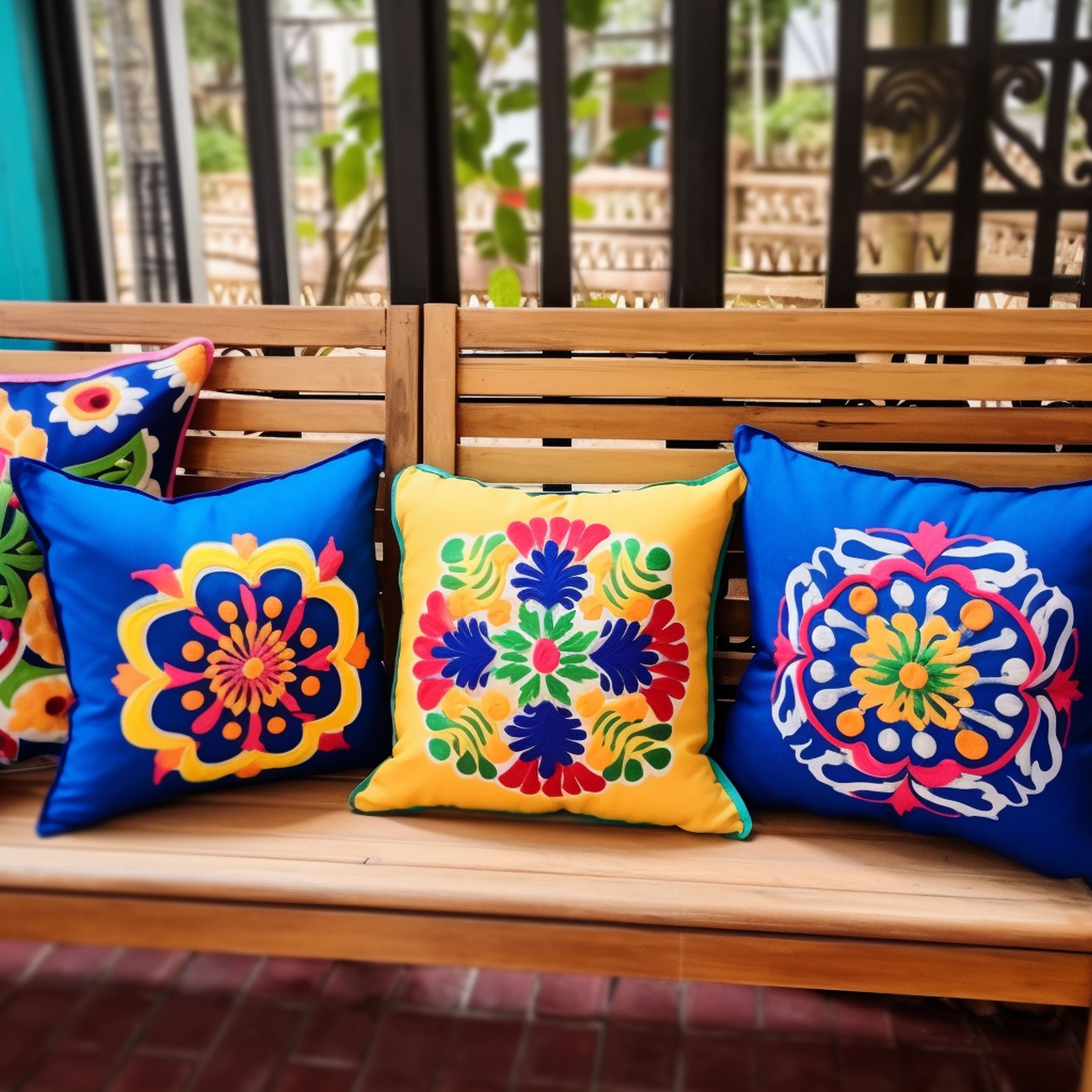 Mexican Inspired Decorative Throw Pillows on Patio Bench