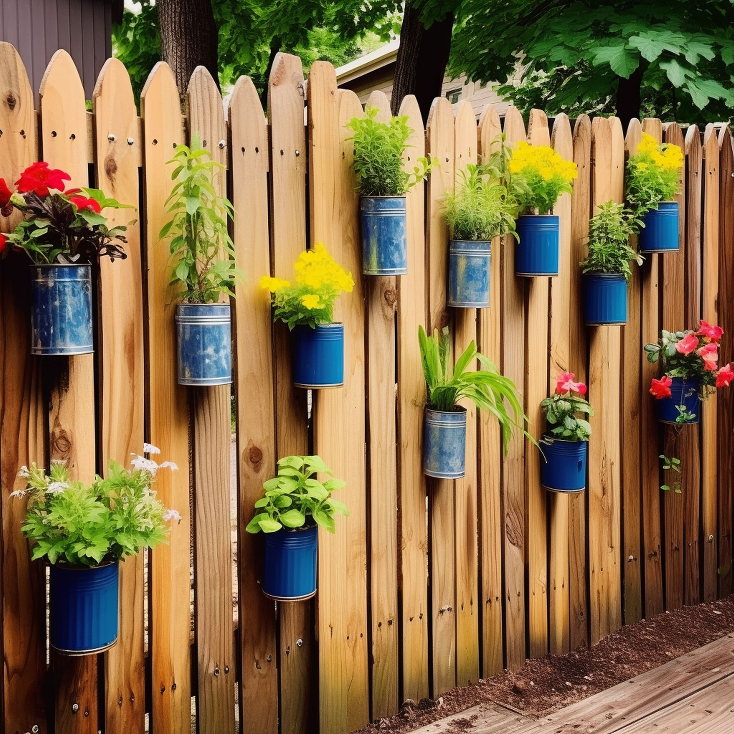 DIY Style Fence Planters Using Blue Painted Tin Cans