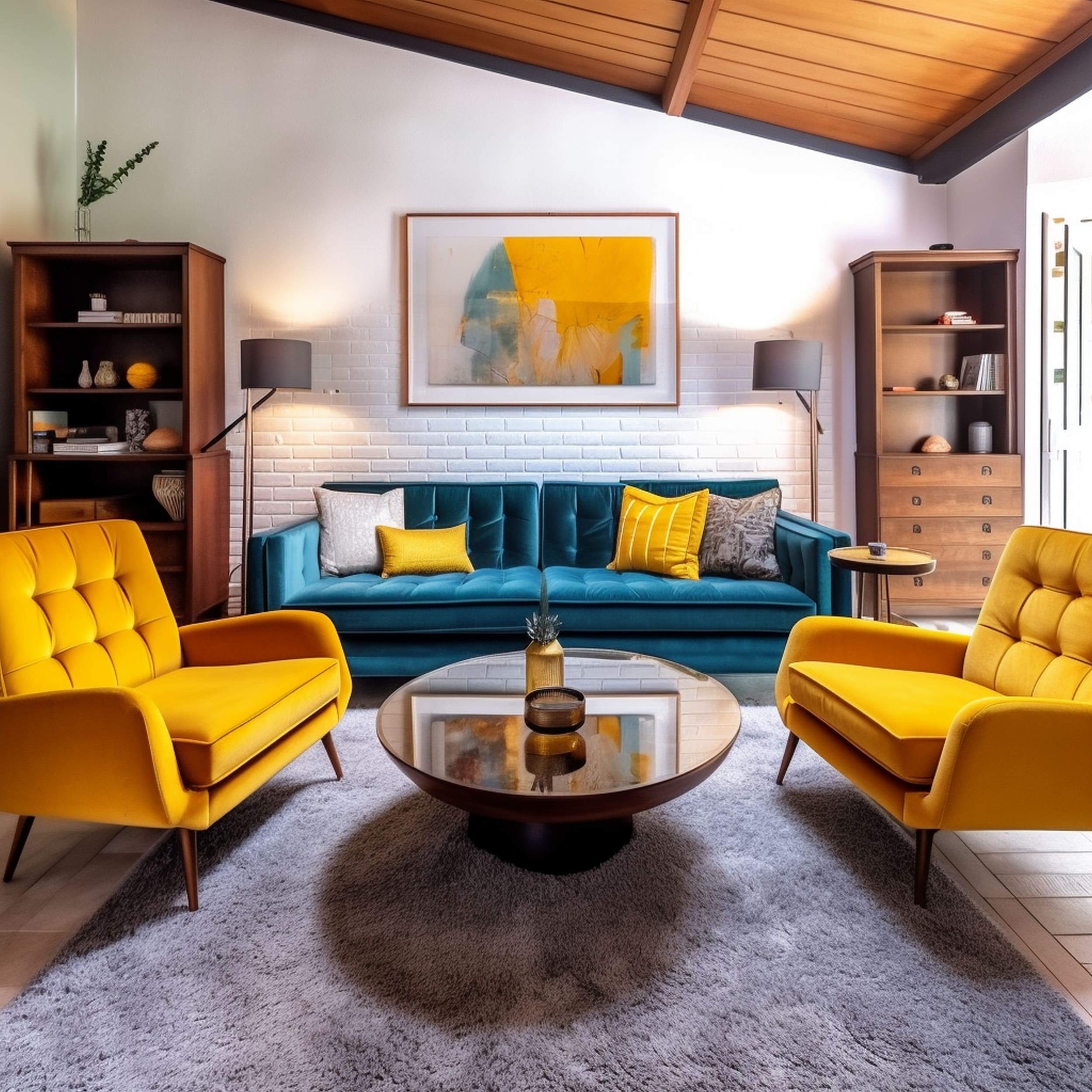 Living Room With Teal Blue Sofa and Mustard Yellow Chairs