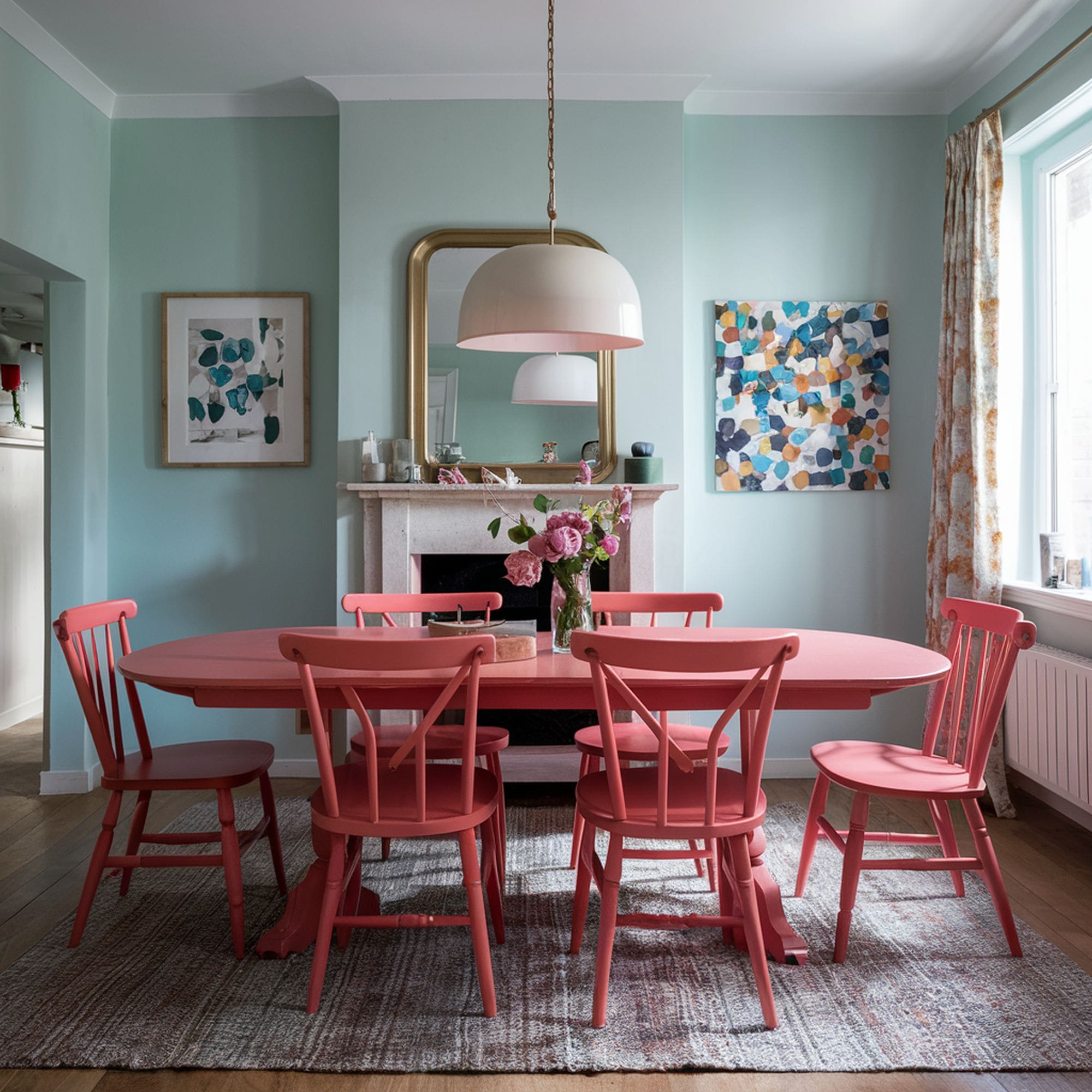 Coral Dining Room Painted Chairs and Table