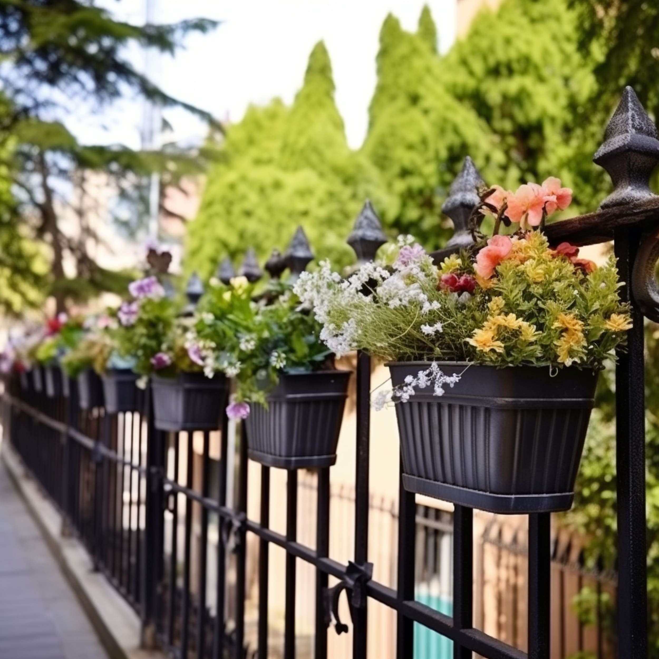 Metal Flower Pots Used As Fence Planters
