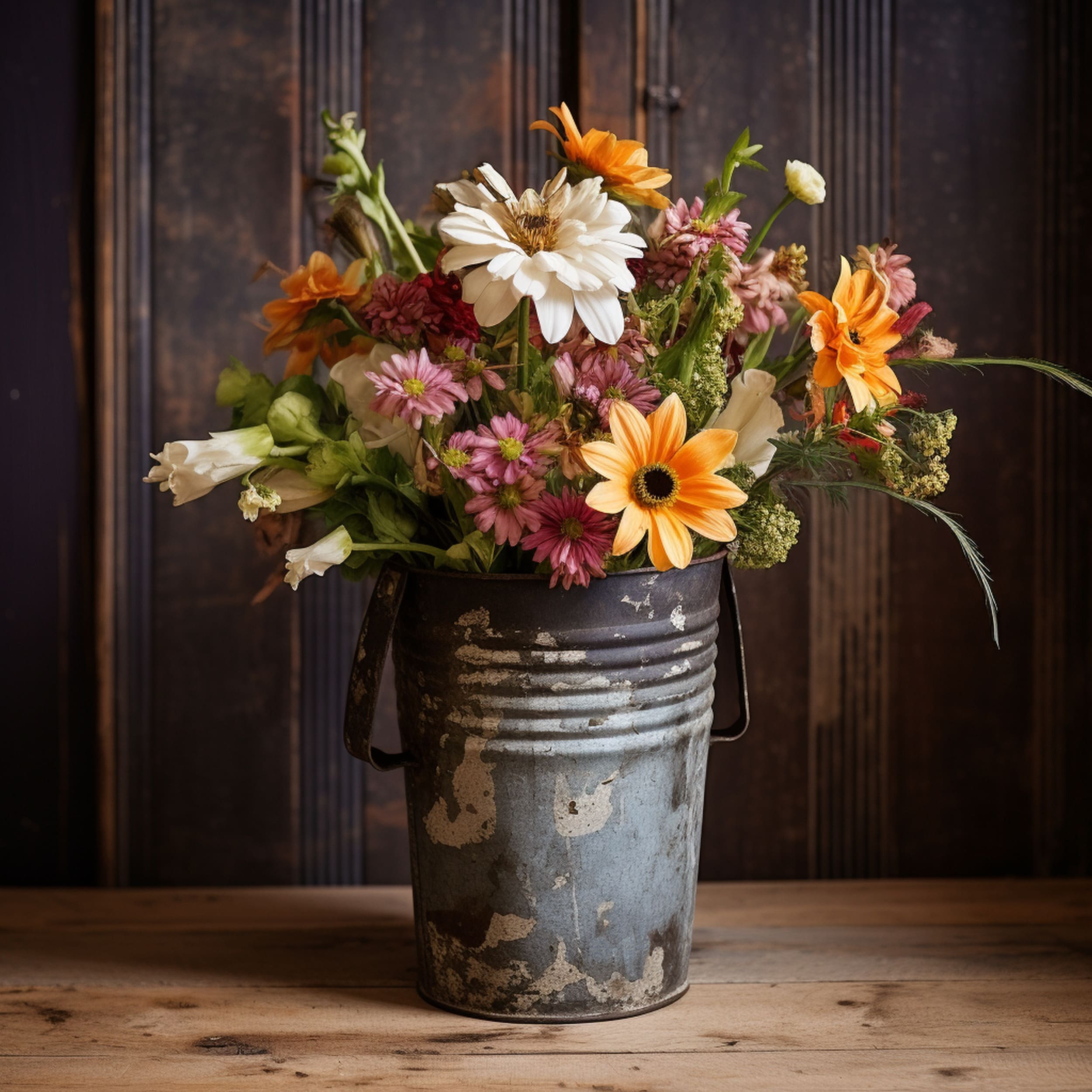 Rustic Pail Vase With Flowers