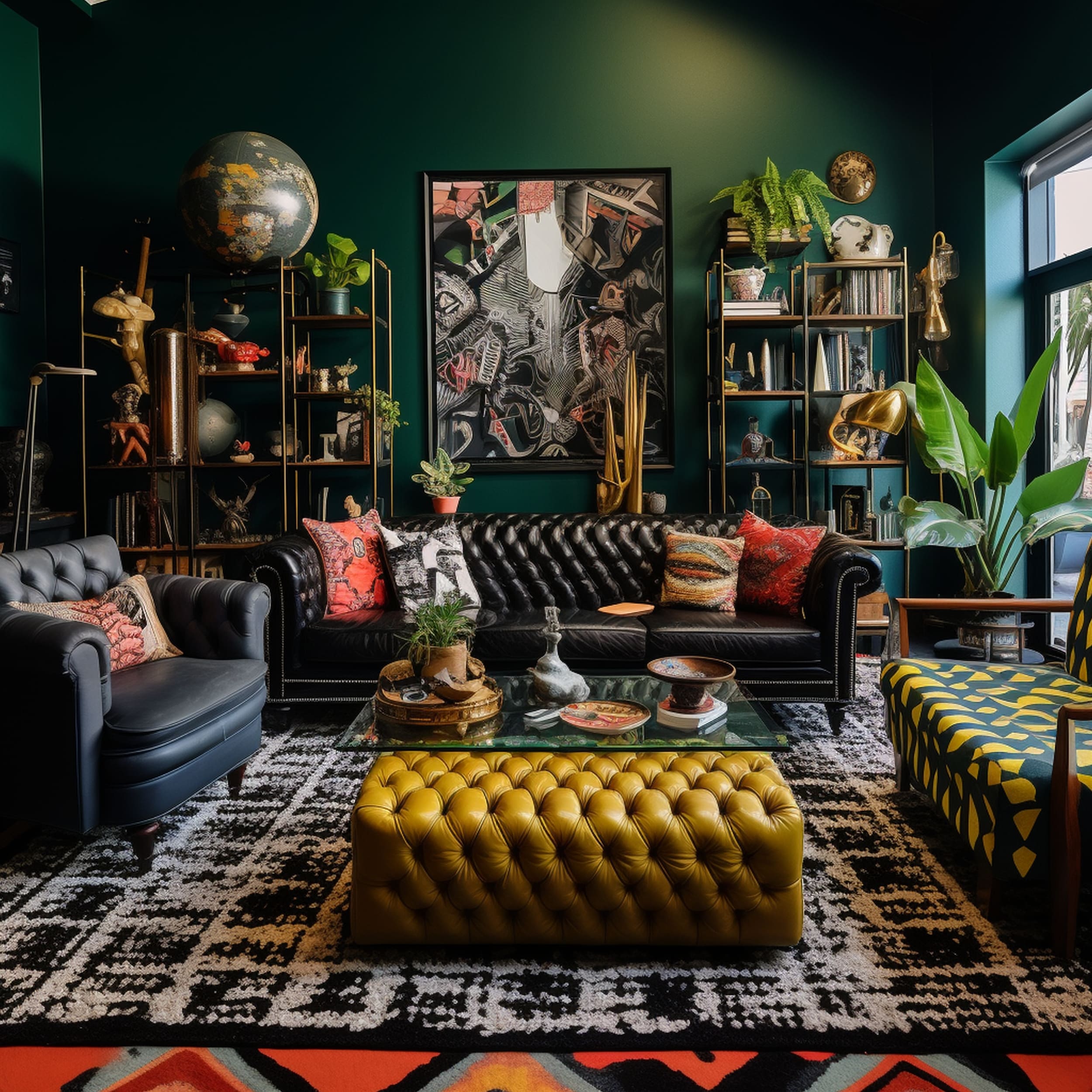 Maximalist Green Living Room With Black Couch