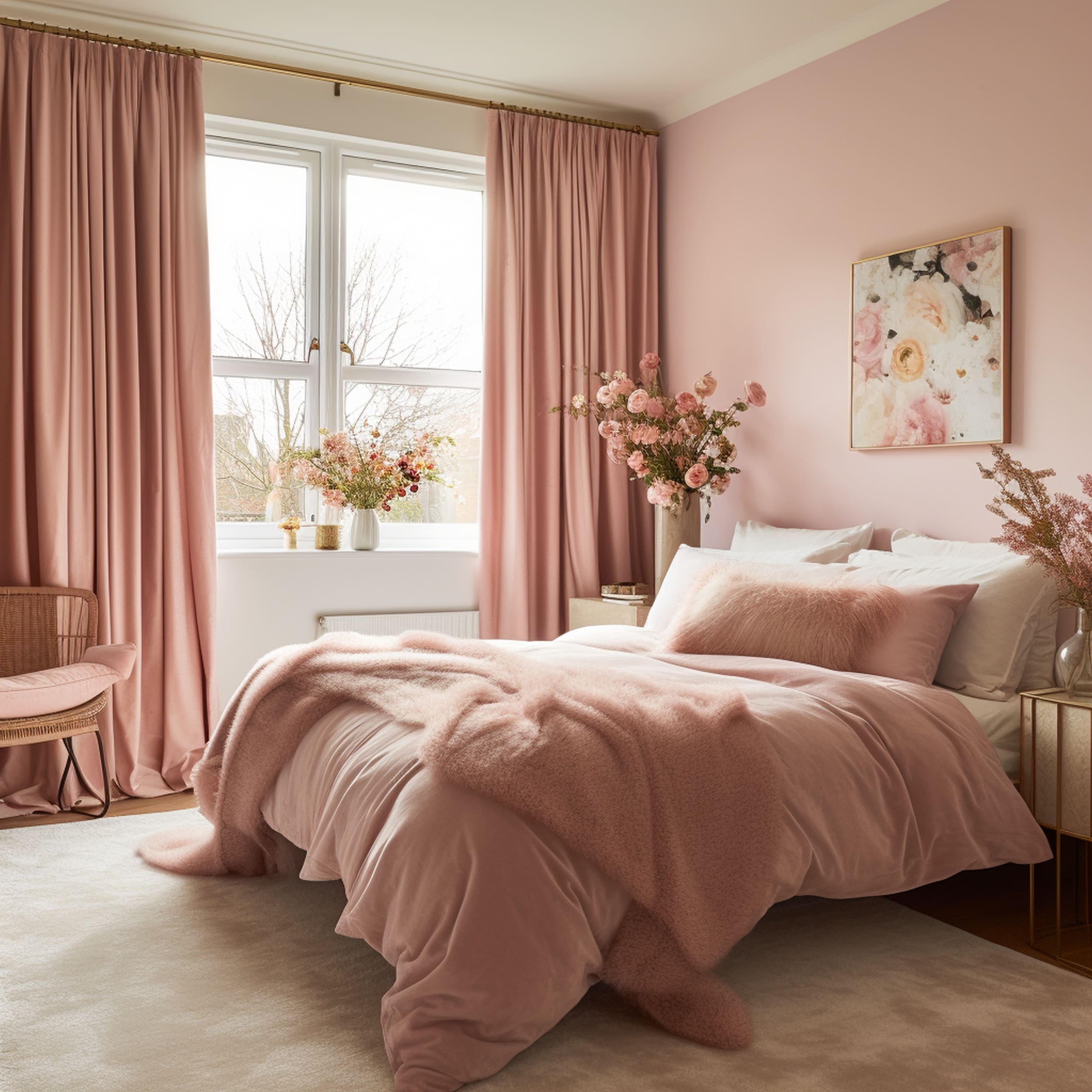Bedroom With Pink Walls and Pink Curtains