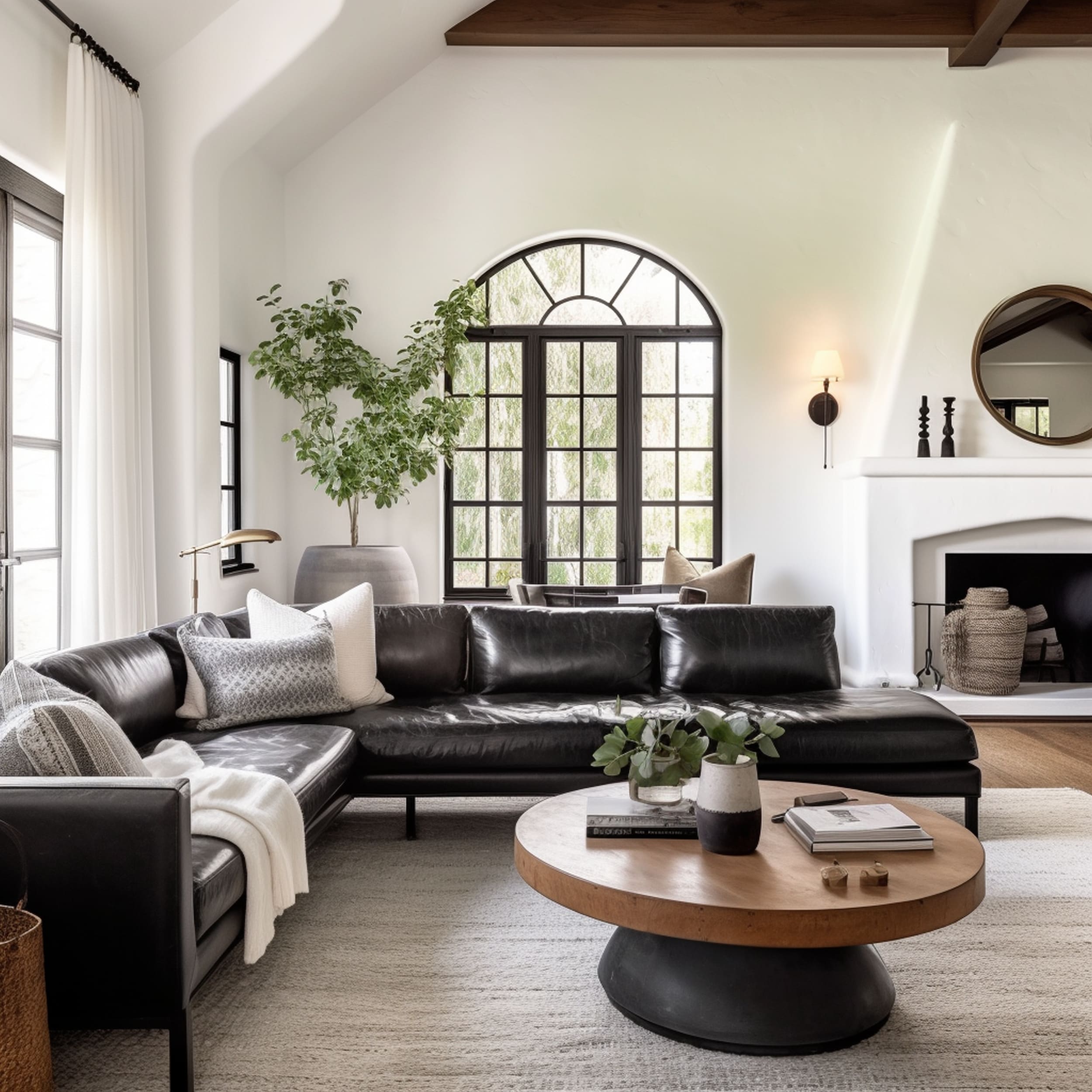 Black Sofa in White Mediterranean Style Living Room