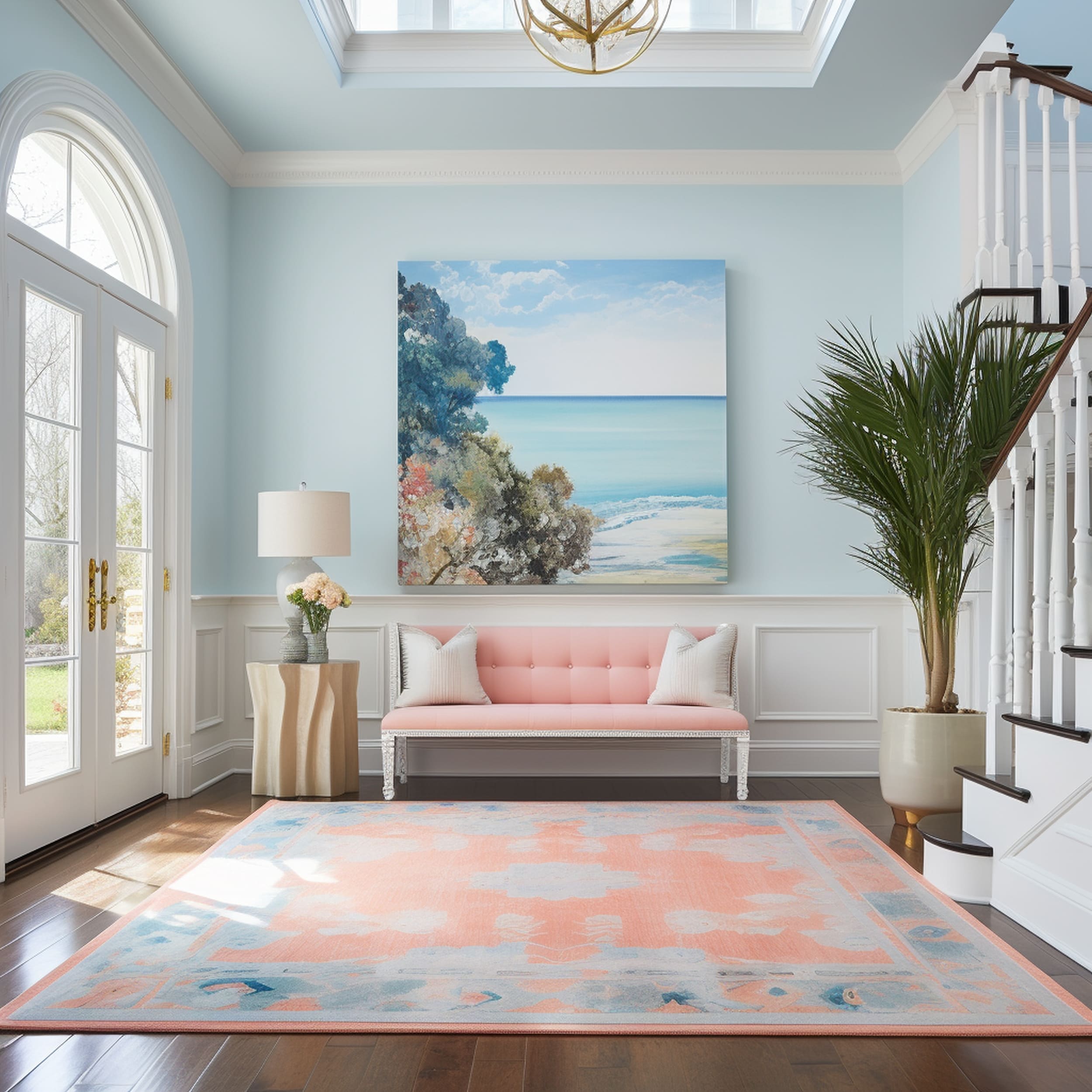 Light Blue Entryway With a Coral Pink Bench and Rug