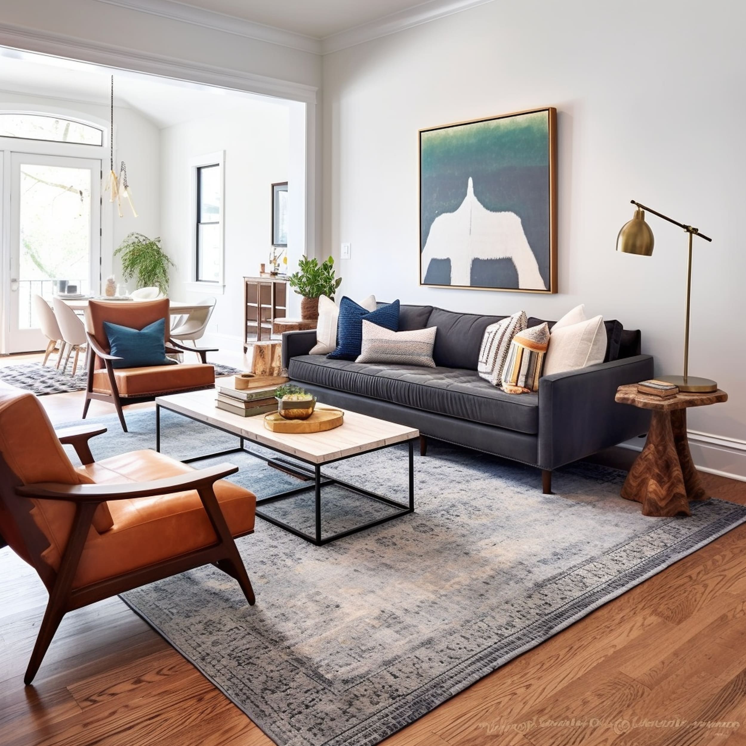 Living Room With Large Area Rug and Gray Couch