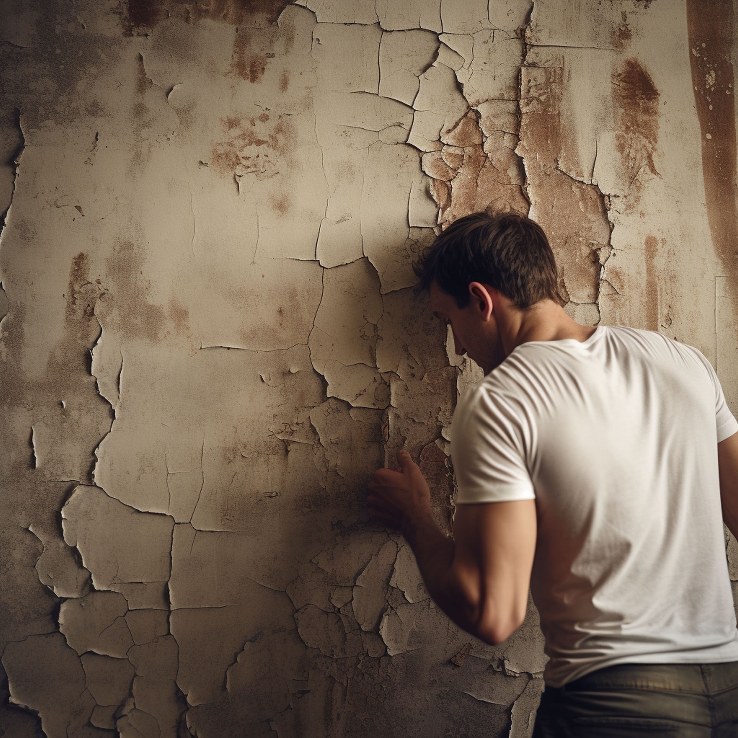 Man Inspecting Wall With Peeling Paint