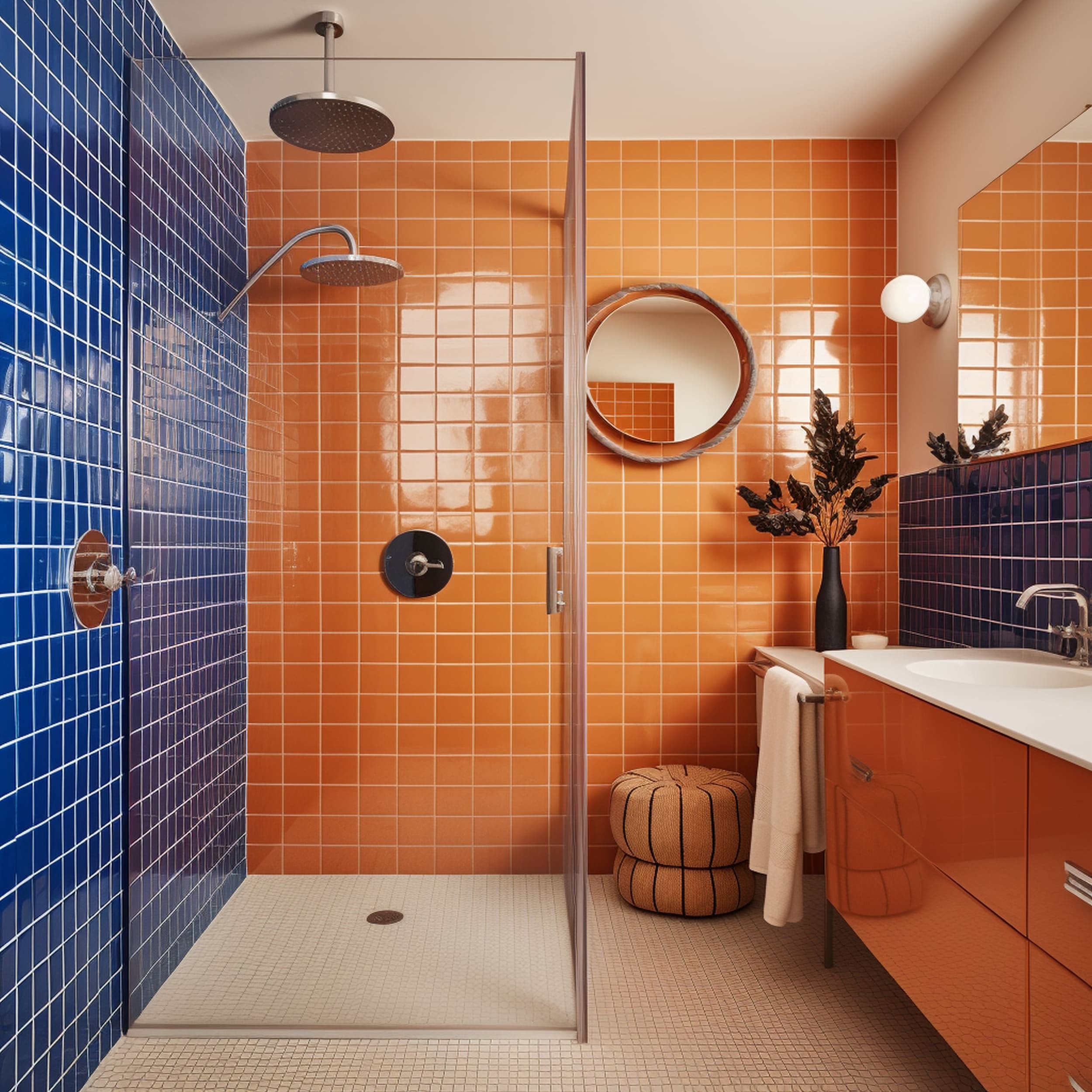 Modern Bathroom Designed With Peach and Sapphire Blue Colors