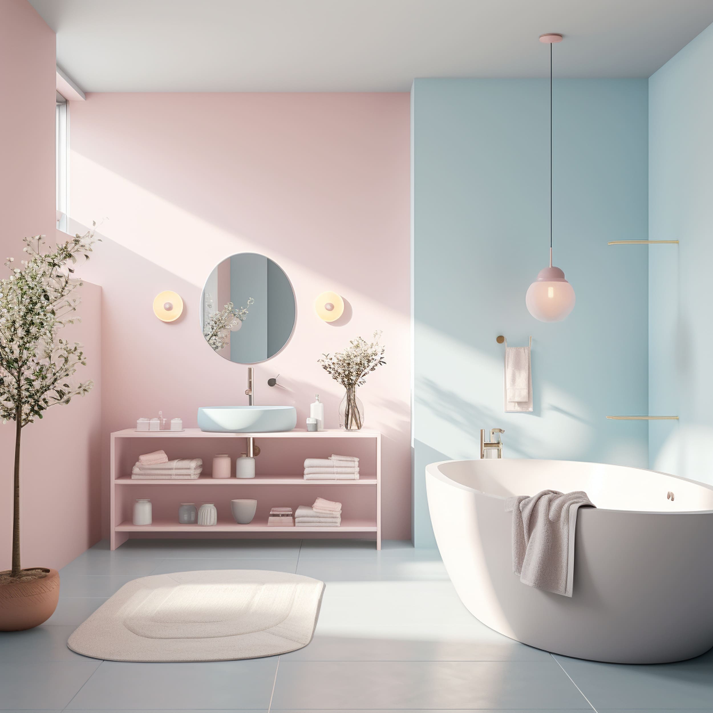 Modern Bathroom in a Light Blue and Pastel Pink Color Scheme