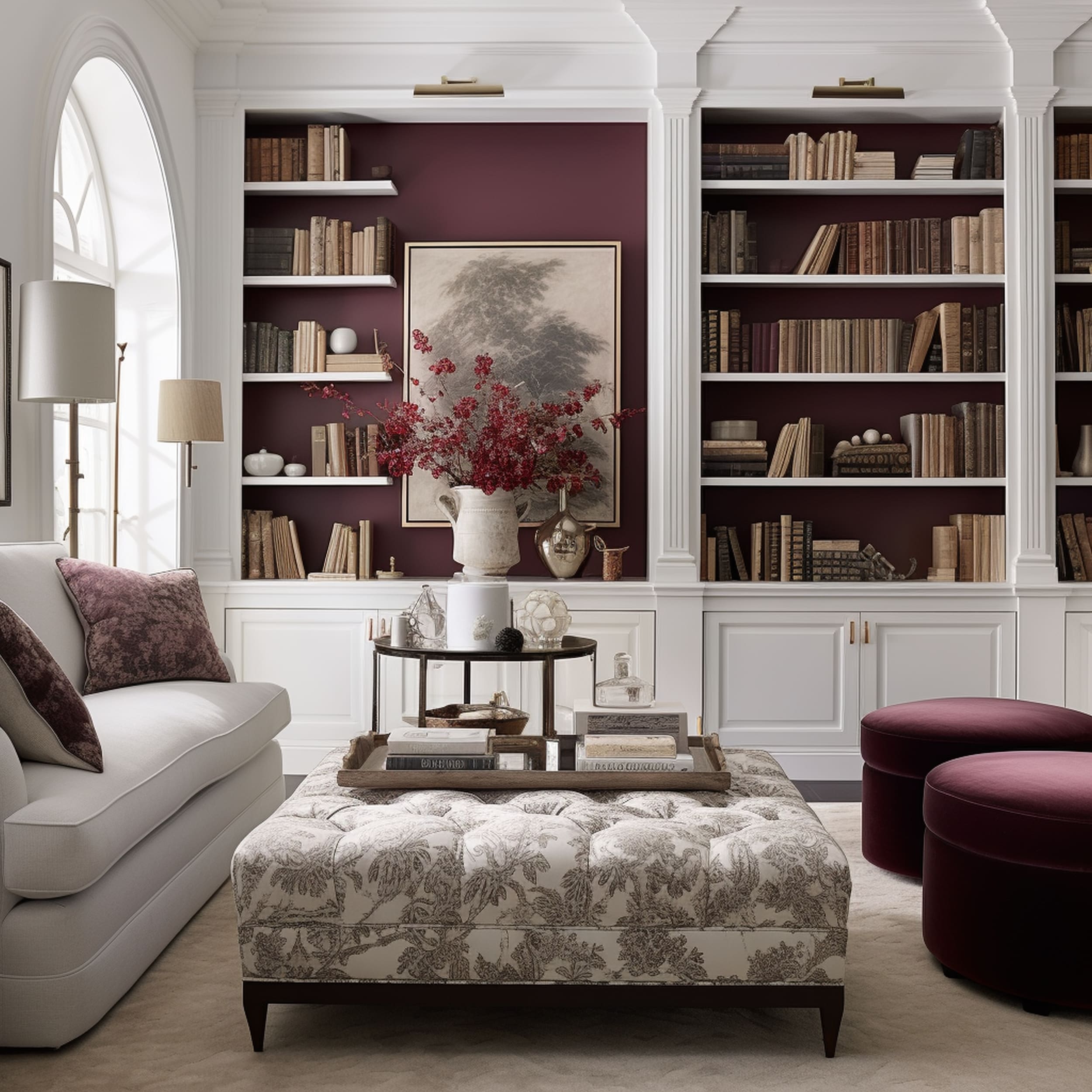 White Living Room With Burgundy Bookcase Backing