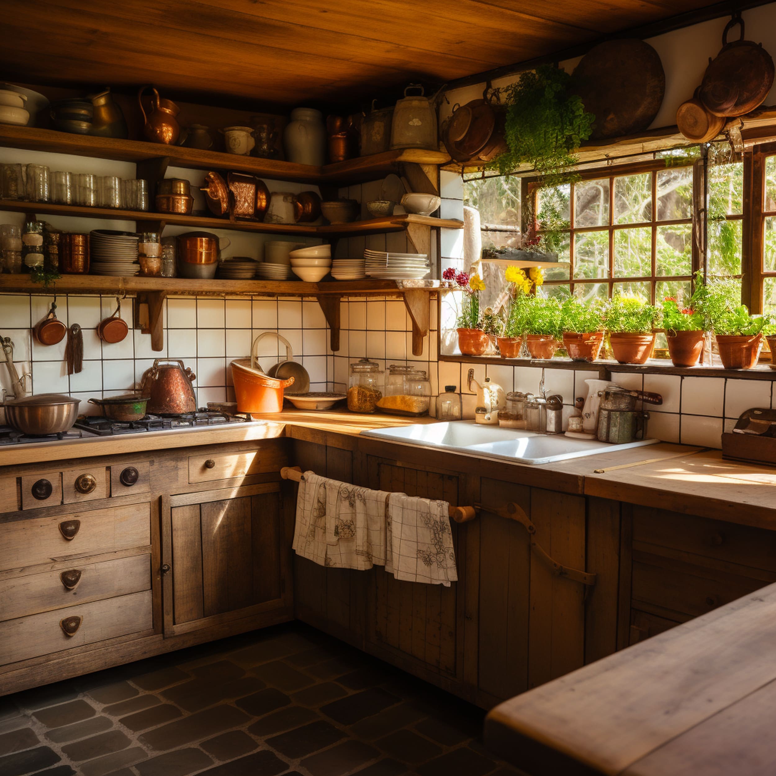 White Square Subway Tile Backsplash in Rustic Kitchen