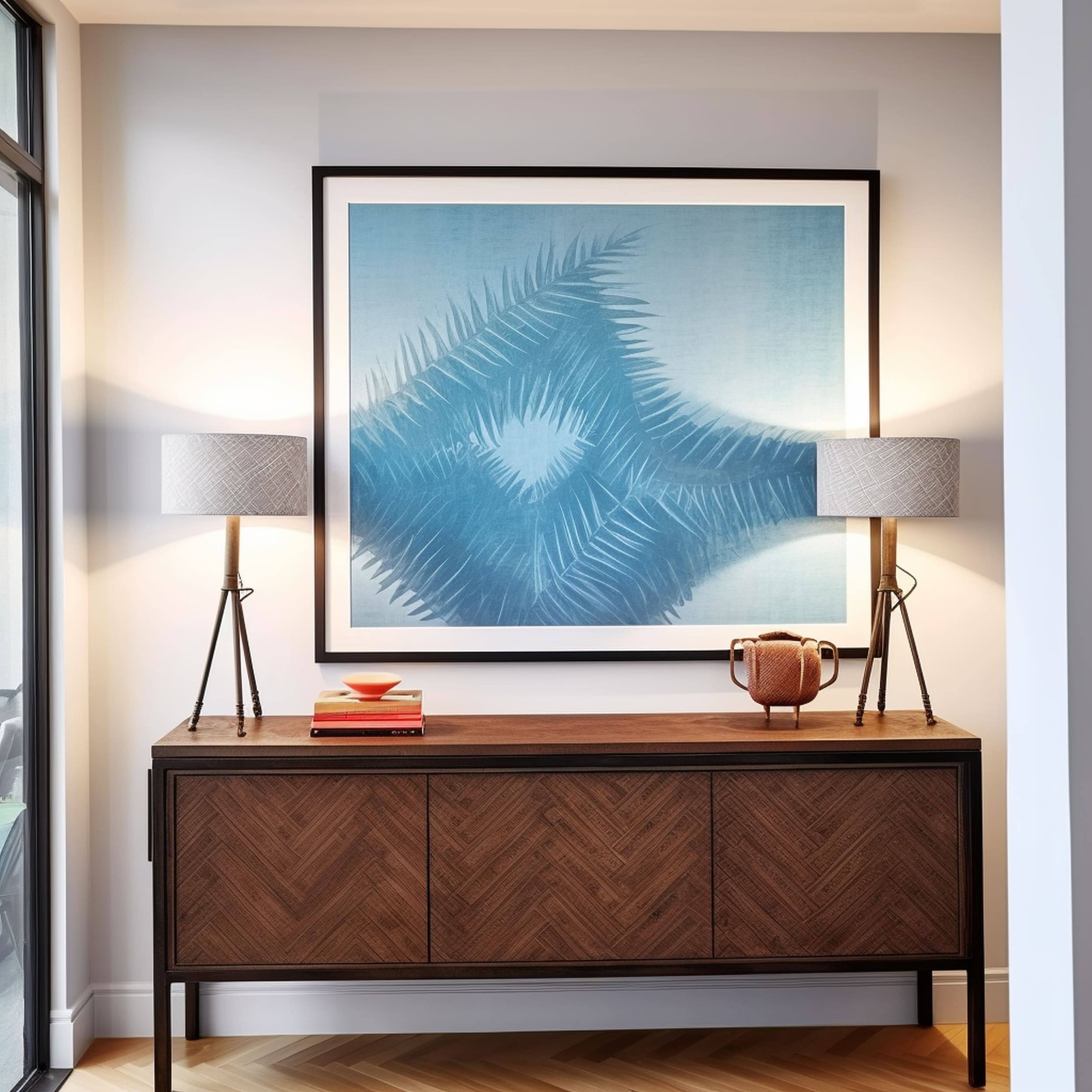 Herringbone Patterned Console Table With Blue Artwork