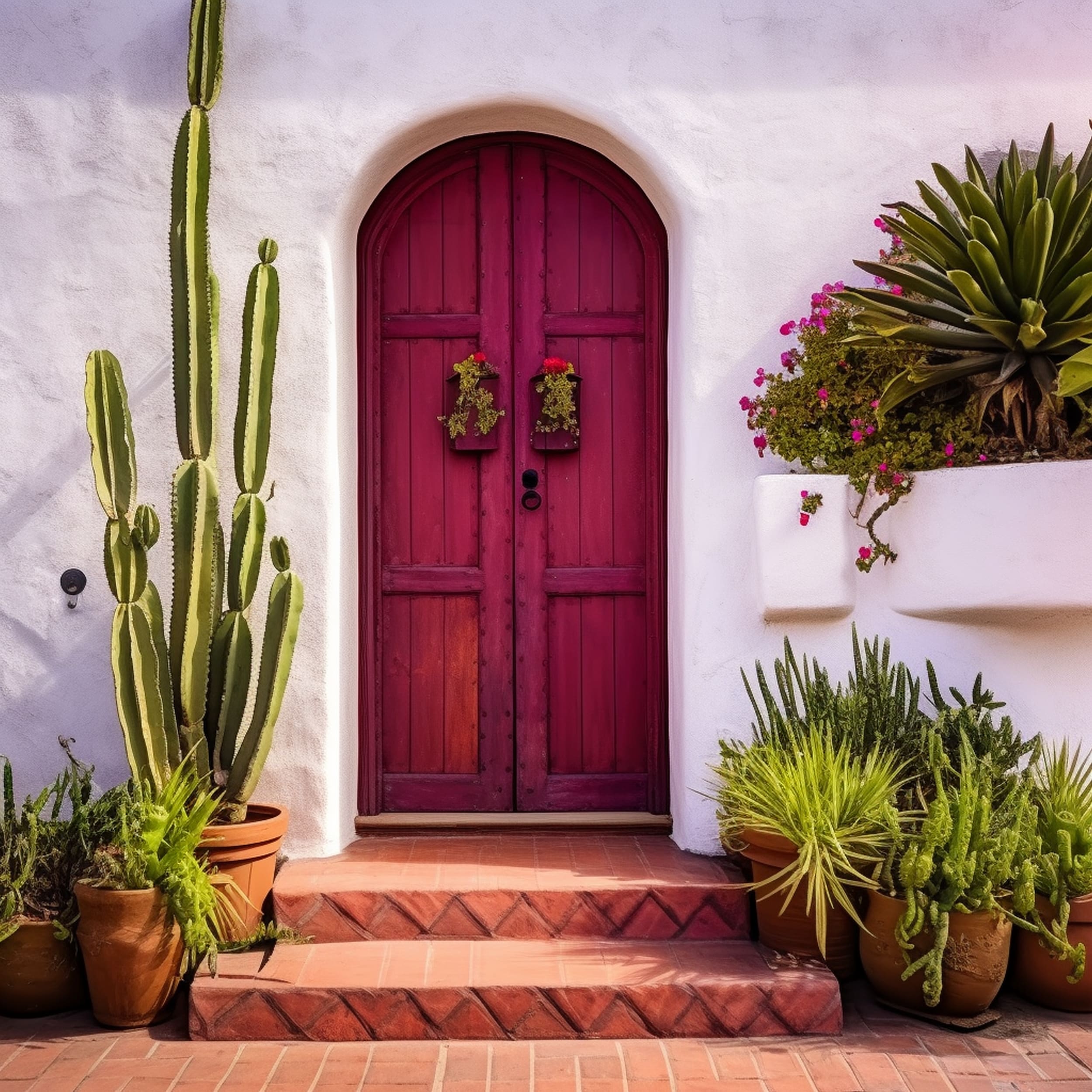 Mexican Inspired Painted Front Door Surrounded by Plants