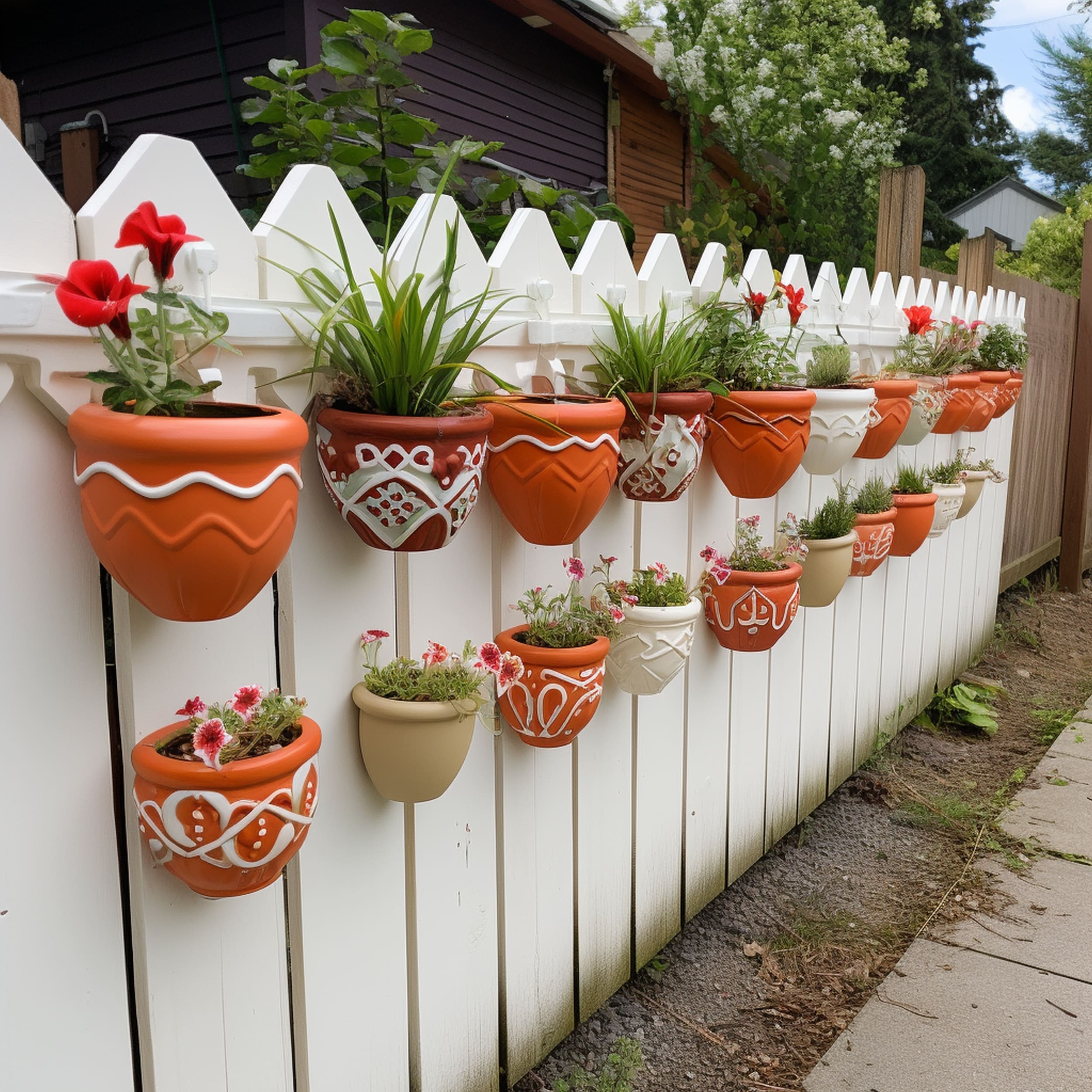 Rustic Fence Planter Featuring Decorative Terracotta Pots