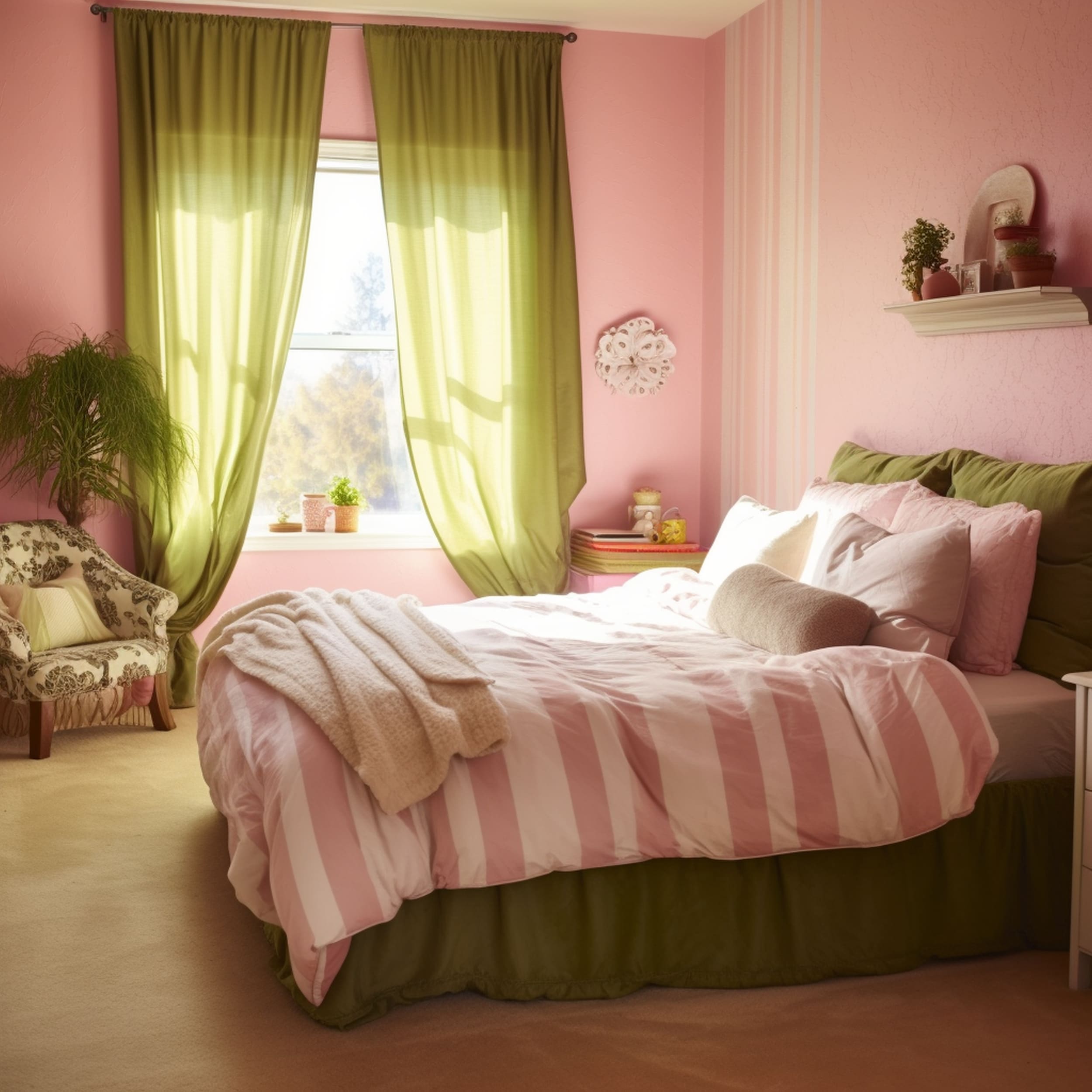 Bedroom With Pink Walls and Green Curtains