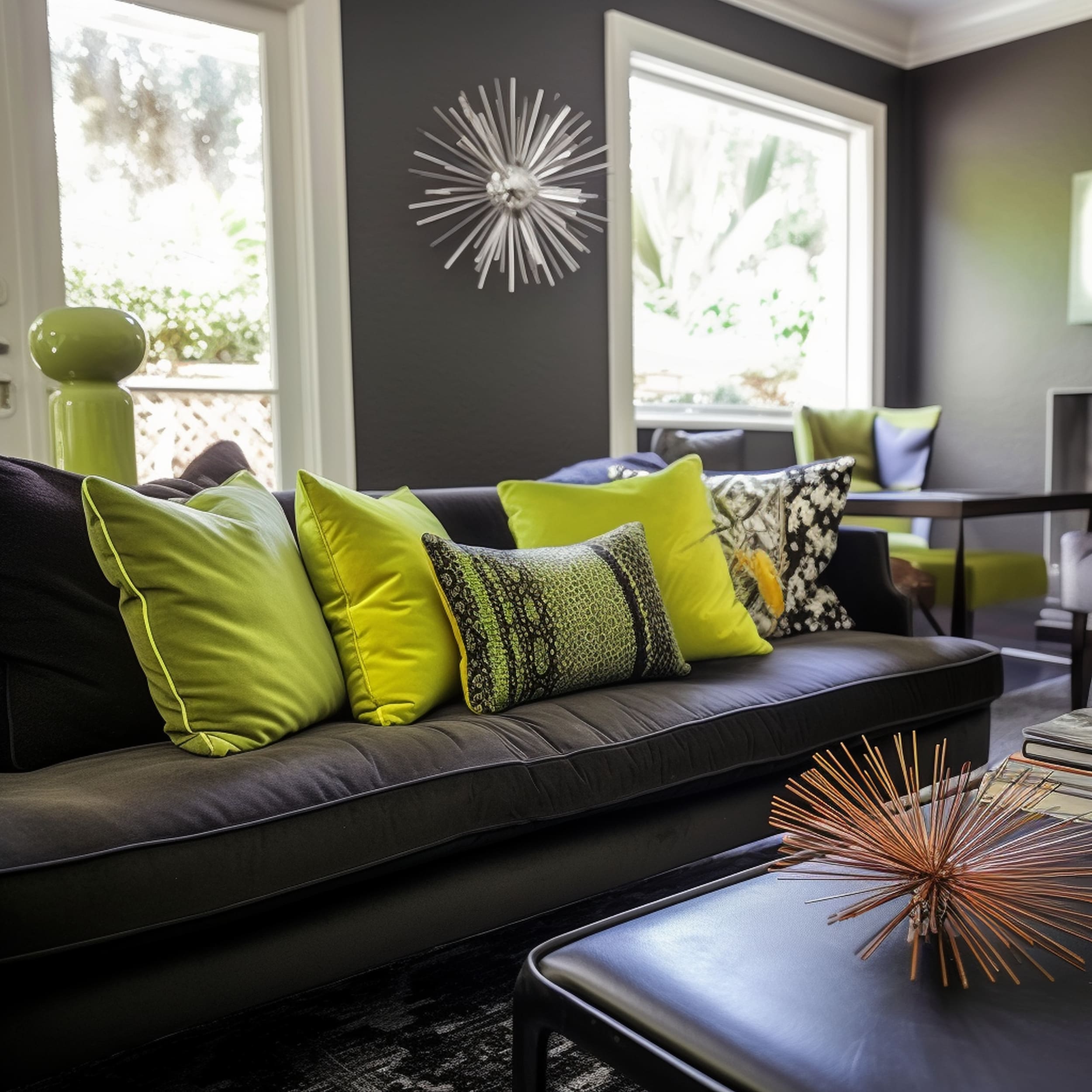 Black Sofa With Lime Green Throw Pillows