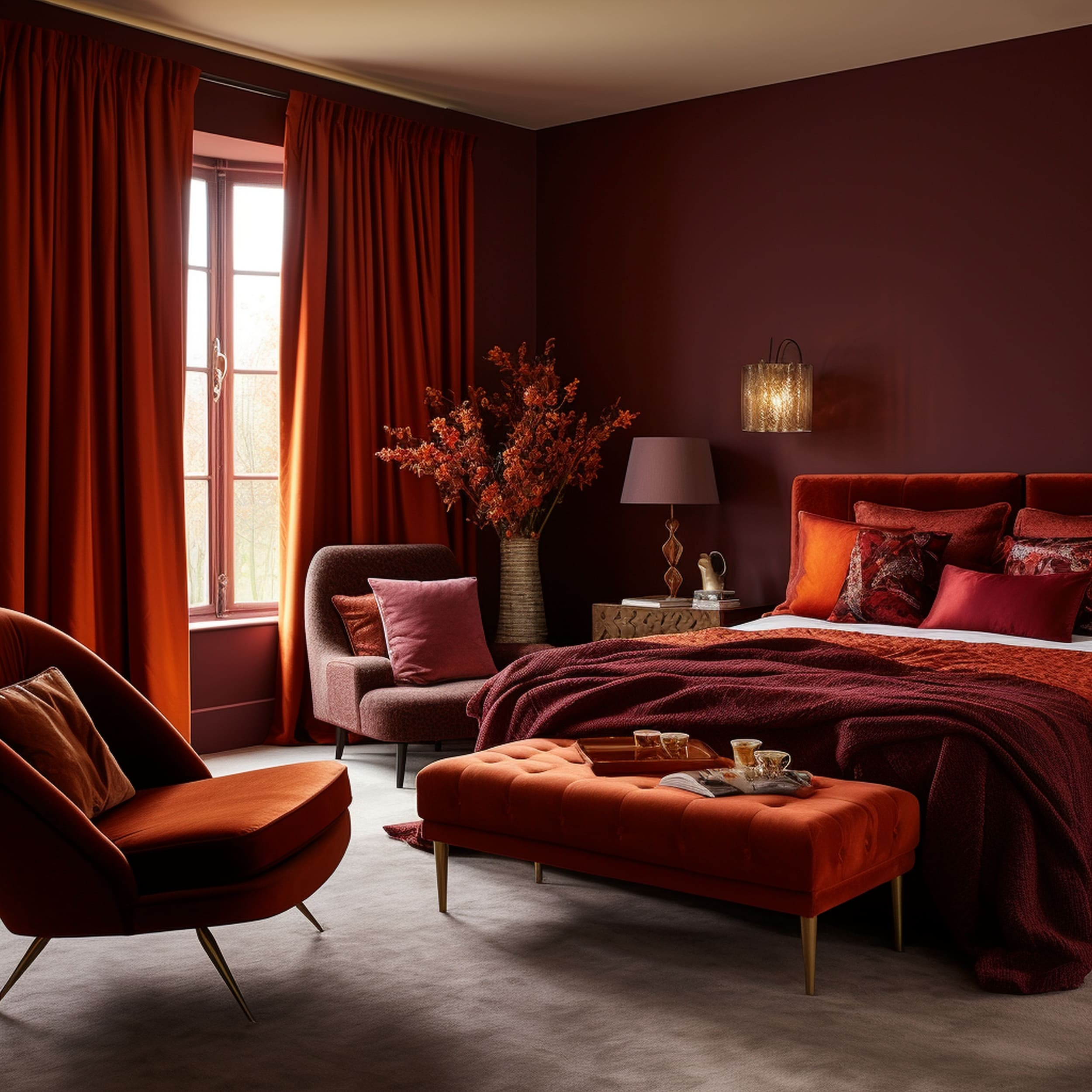 Burgundy Bedroom With Orange Curtains