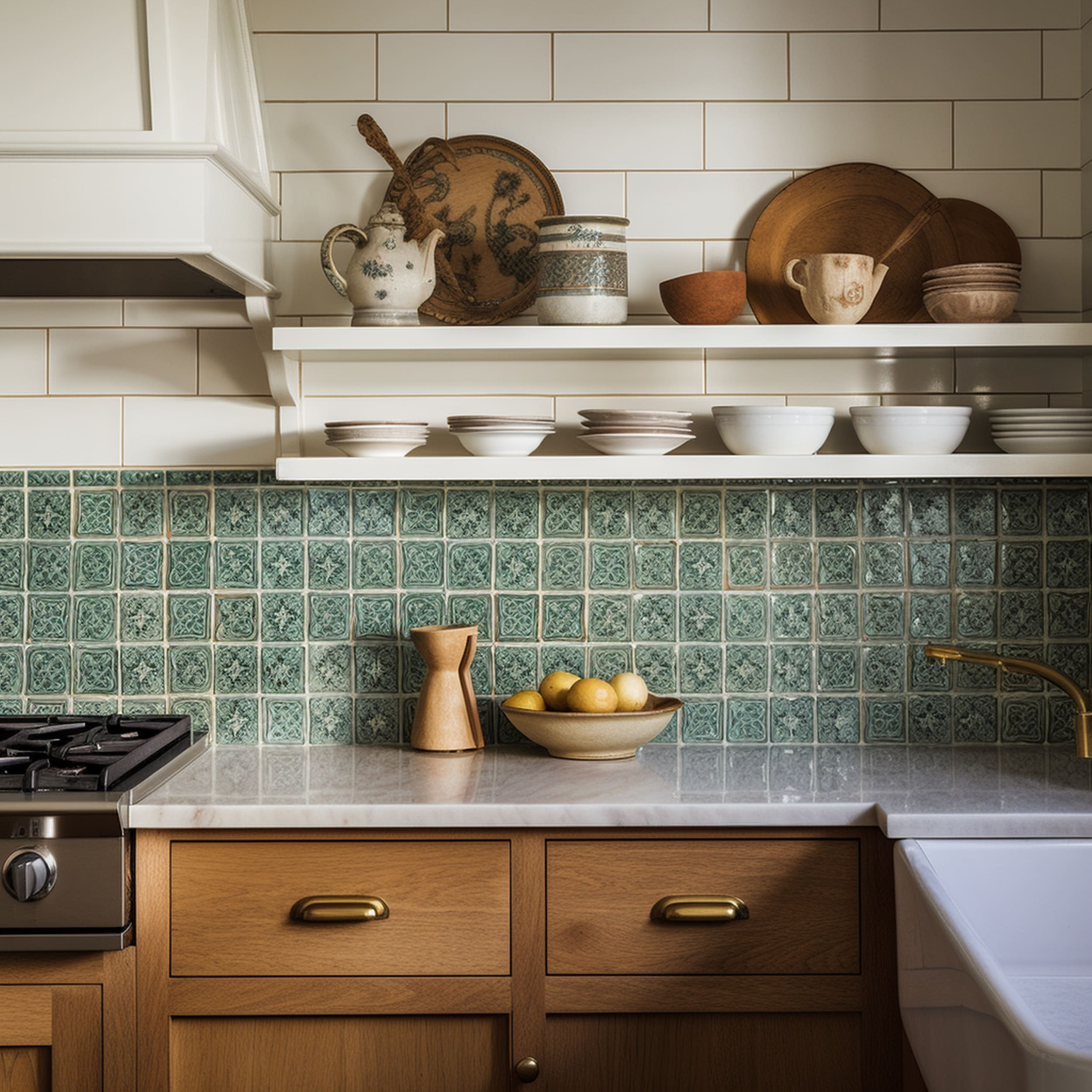 Kitchen With Green Square Tile Backsplash and Open Shelves