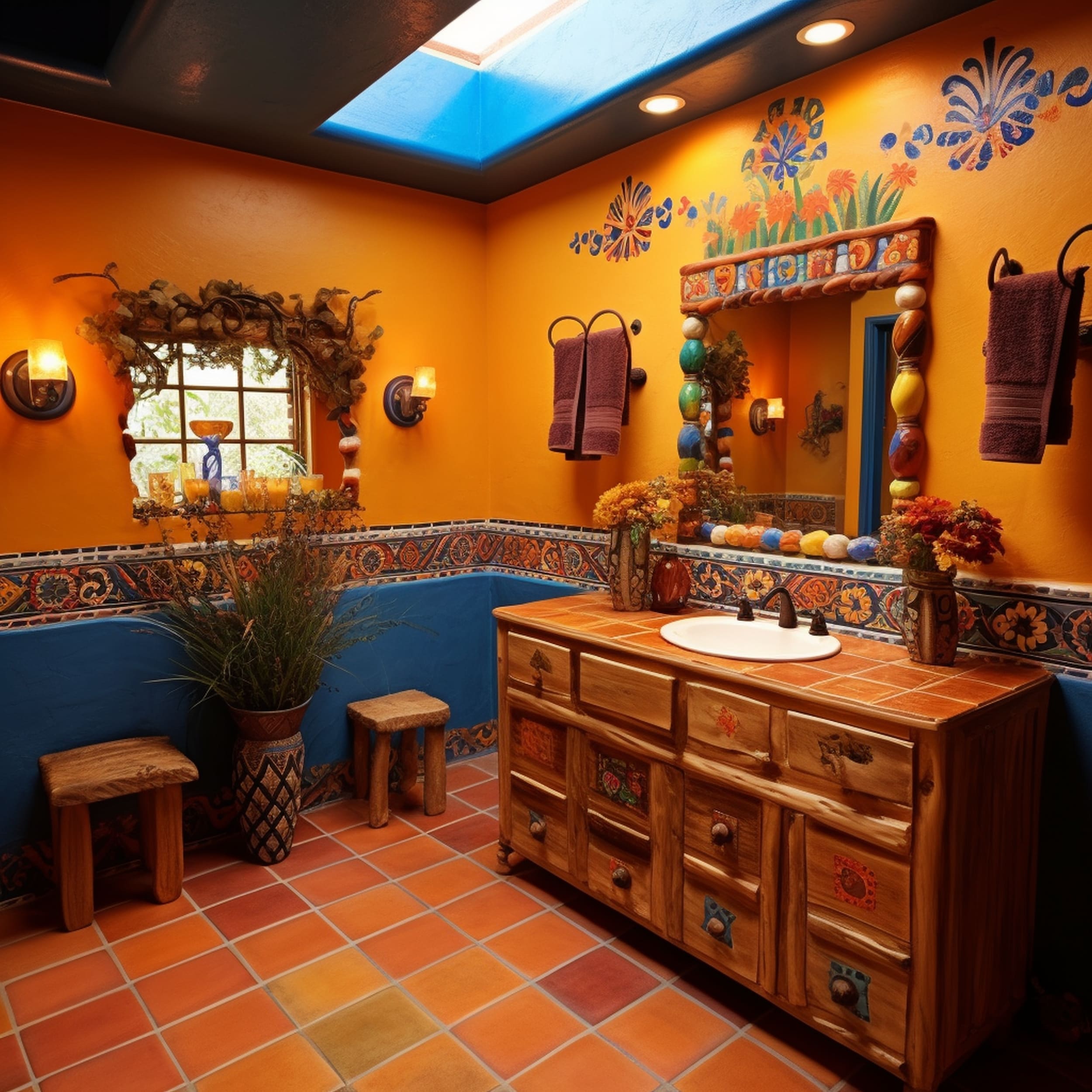 Mexican Inspired Bathroom With Painted Walls
