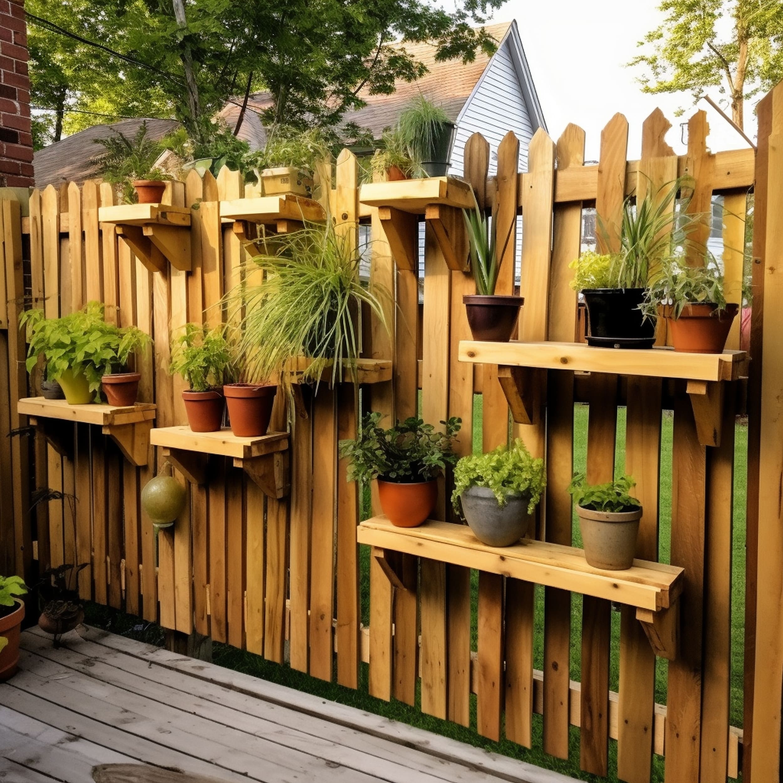 Multiple Shelf Planter on a Wood Fence