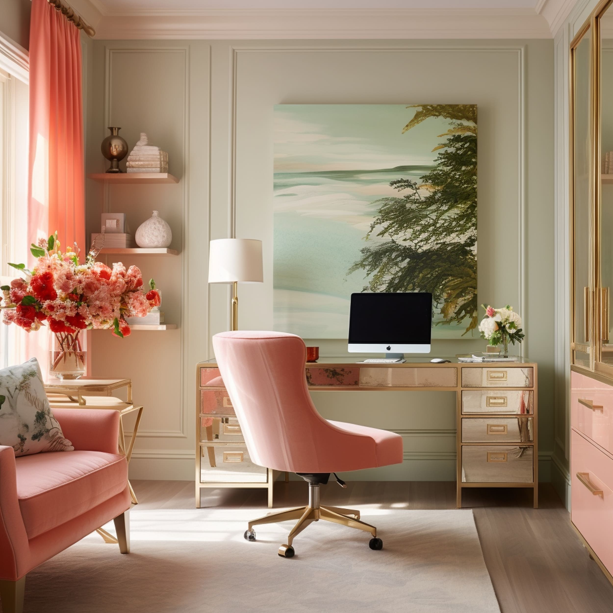 Sage Green Home Office With Coral Curtains and Pink Chair