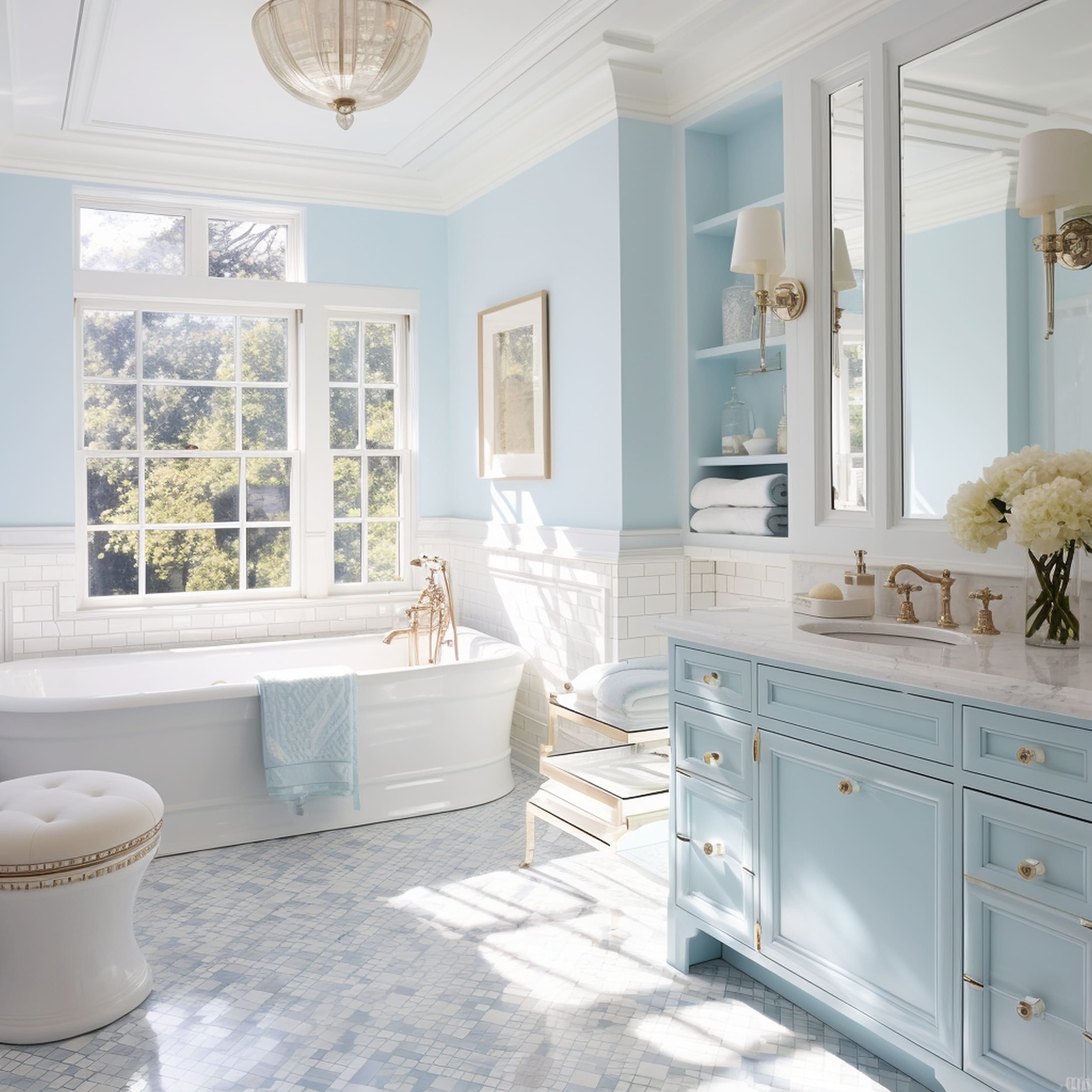 Traditional Bathroom in a Crisp White and Light Blue Color Scheme
