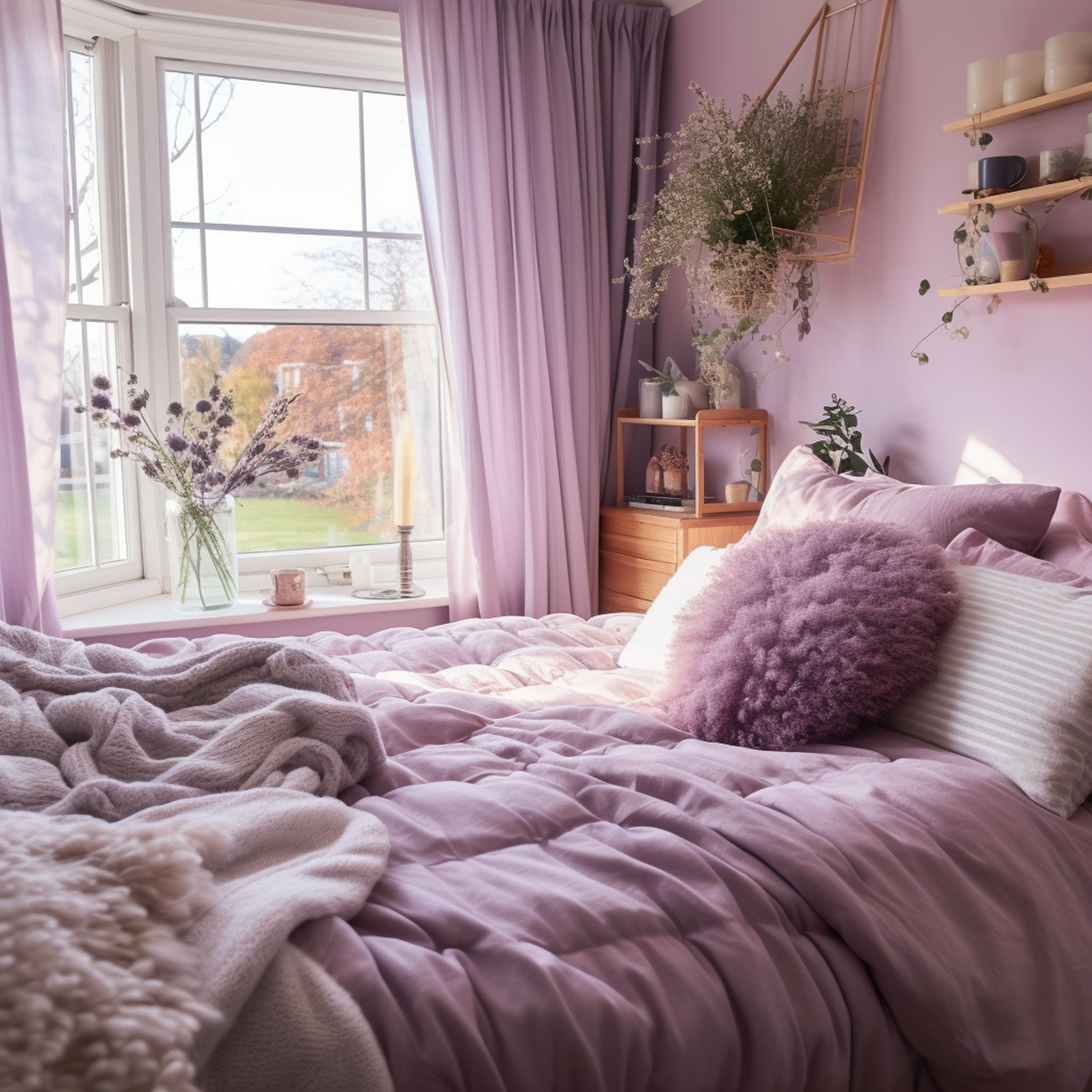 Bedroom With Pink Walls and Purple Curtains