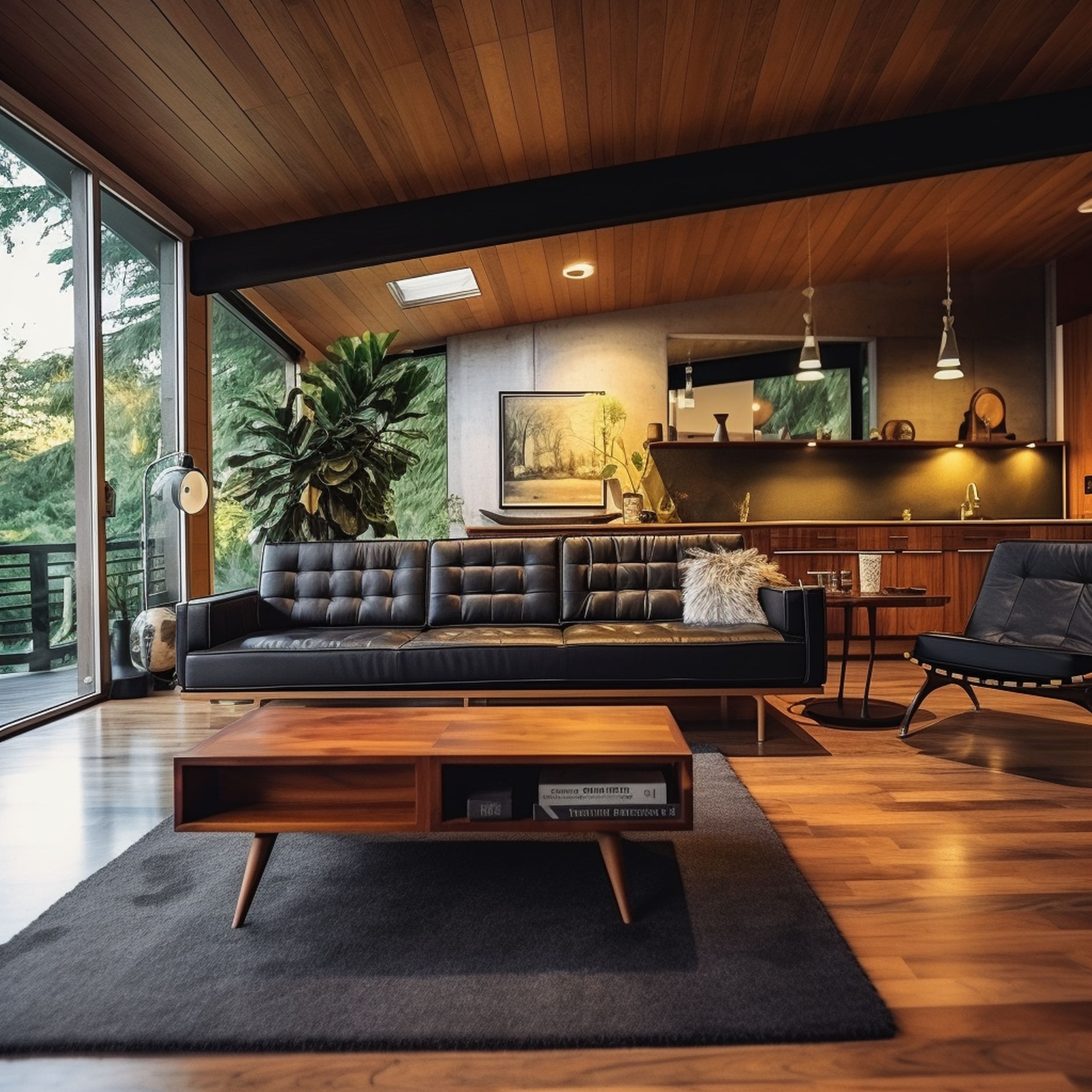 Black Sofa in Mid Century Modern Living Room