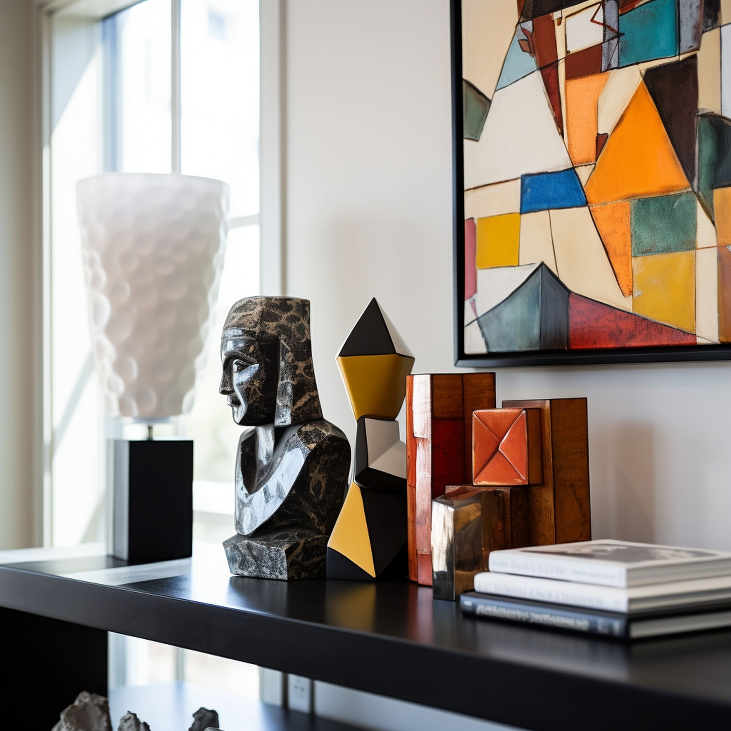 Cubist Inspired Console Table With Geometric Decorations