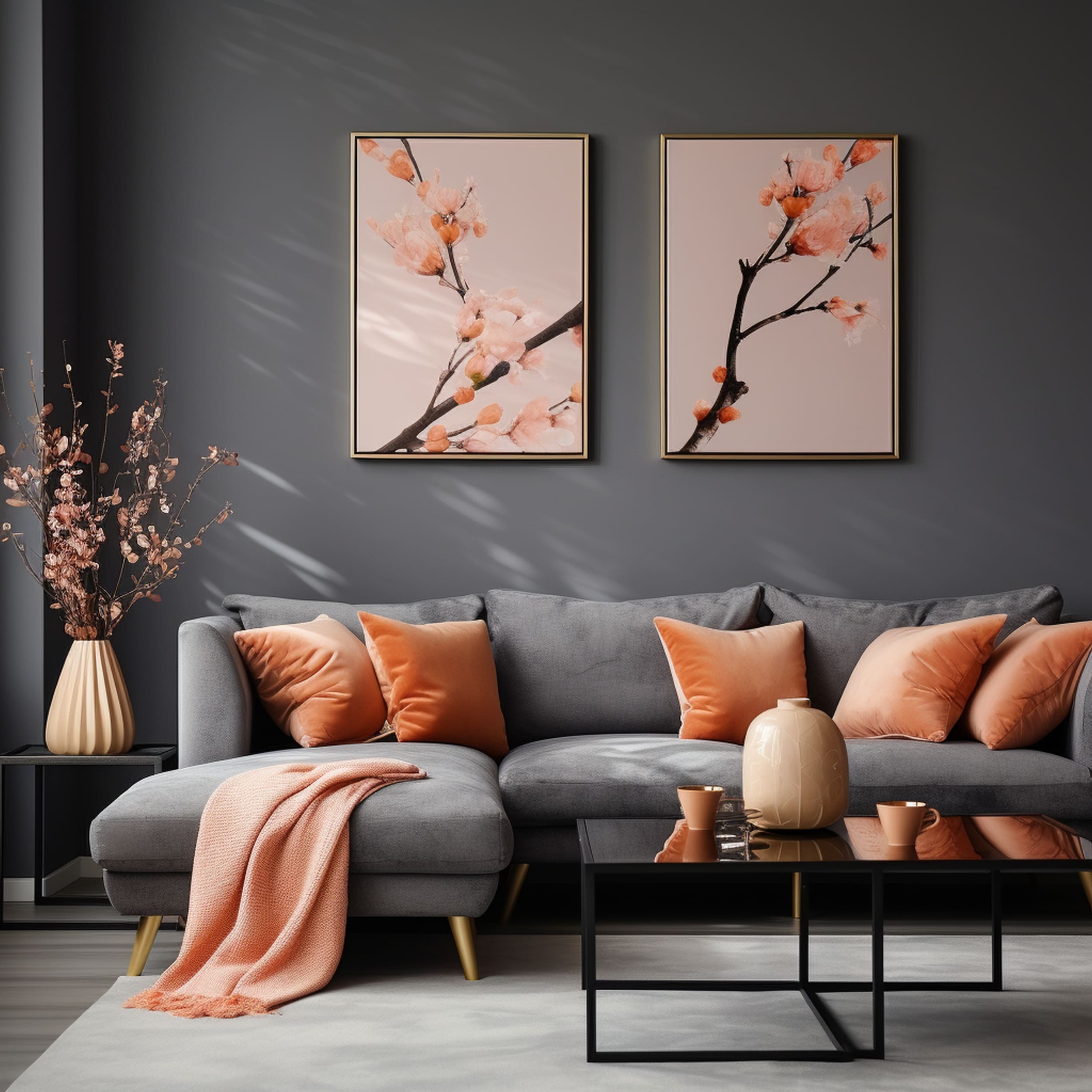 Gray Living Room With Peach Accessories