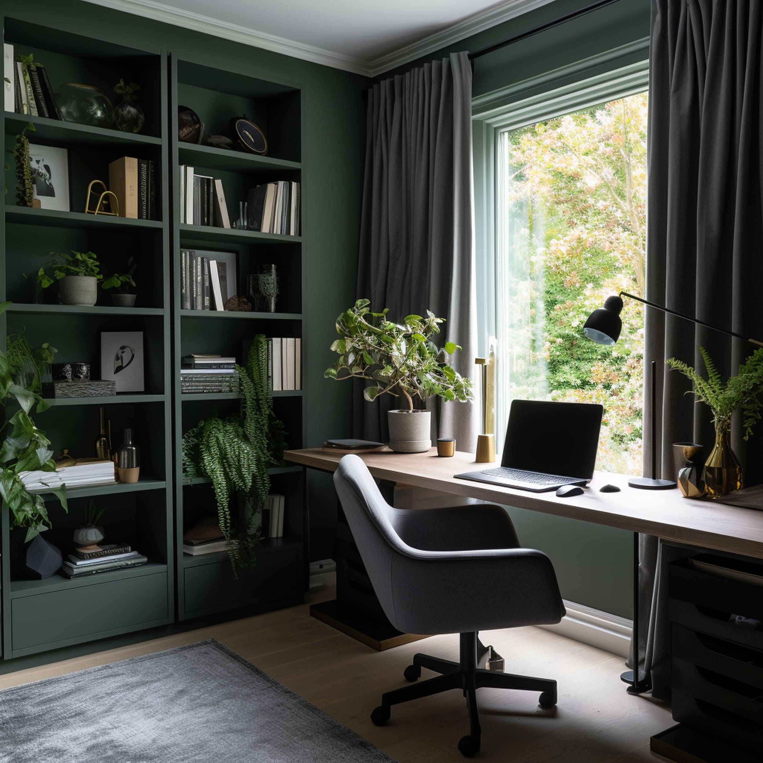 Home Office With Green Walls and Gray Curtains